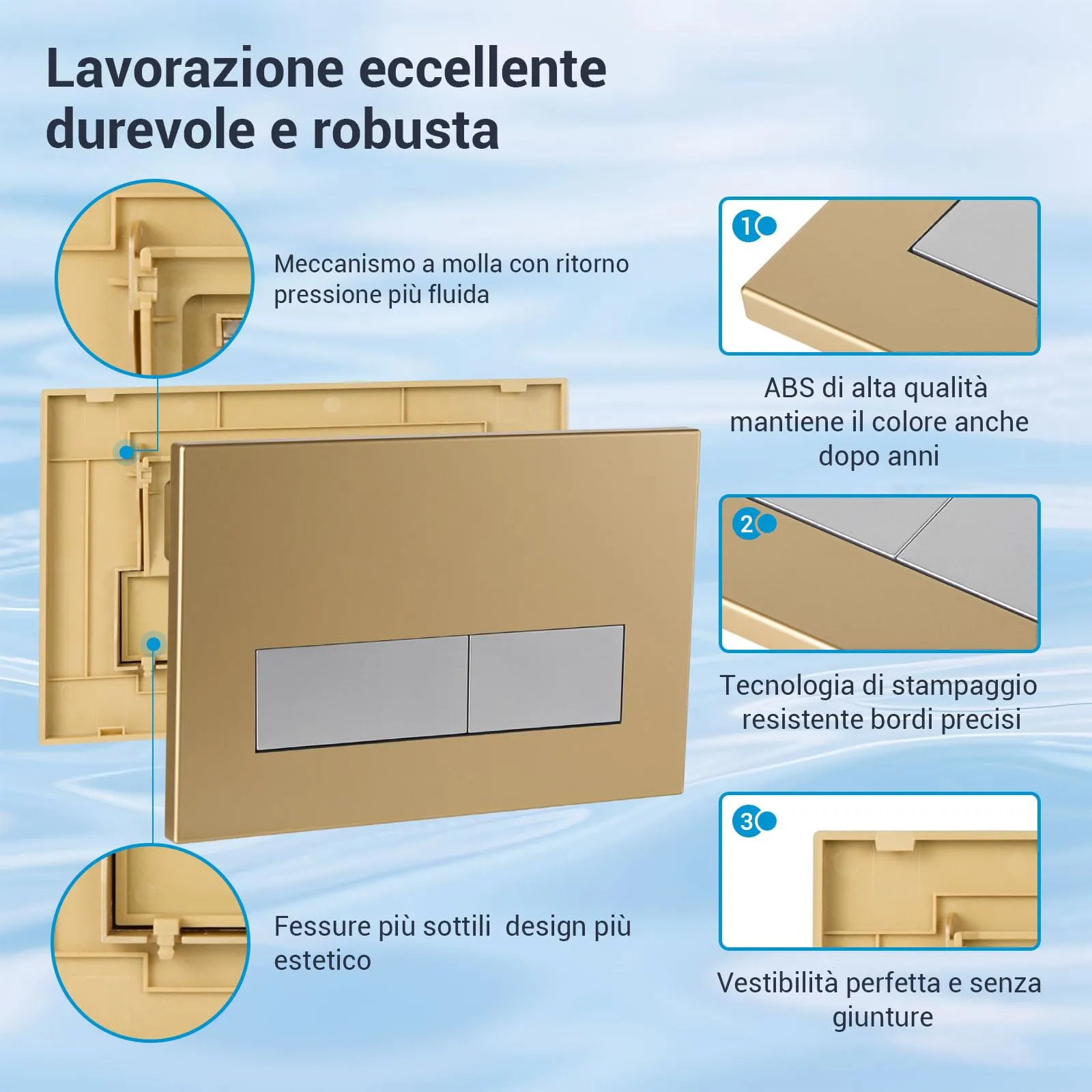 Mendorio Placca di Comando WC per Geberit Sigma, UP300 e UP320, Piastra Doppio Scarico, 246×164 mm, Oro Opaco & Argento Opaco Pulsante - immagine 3