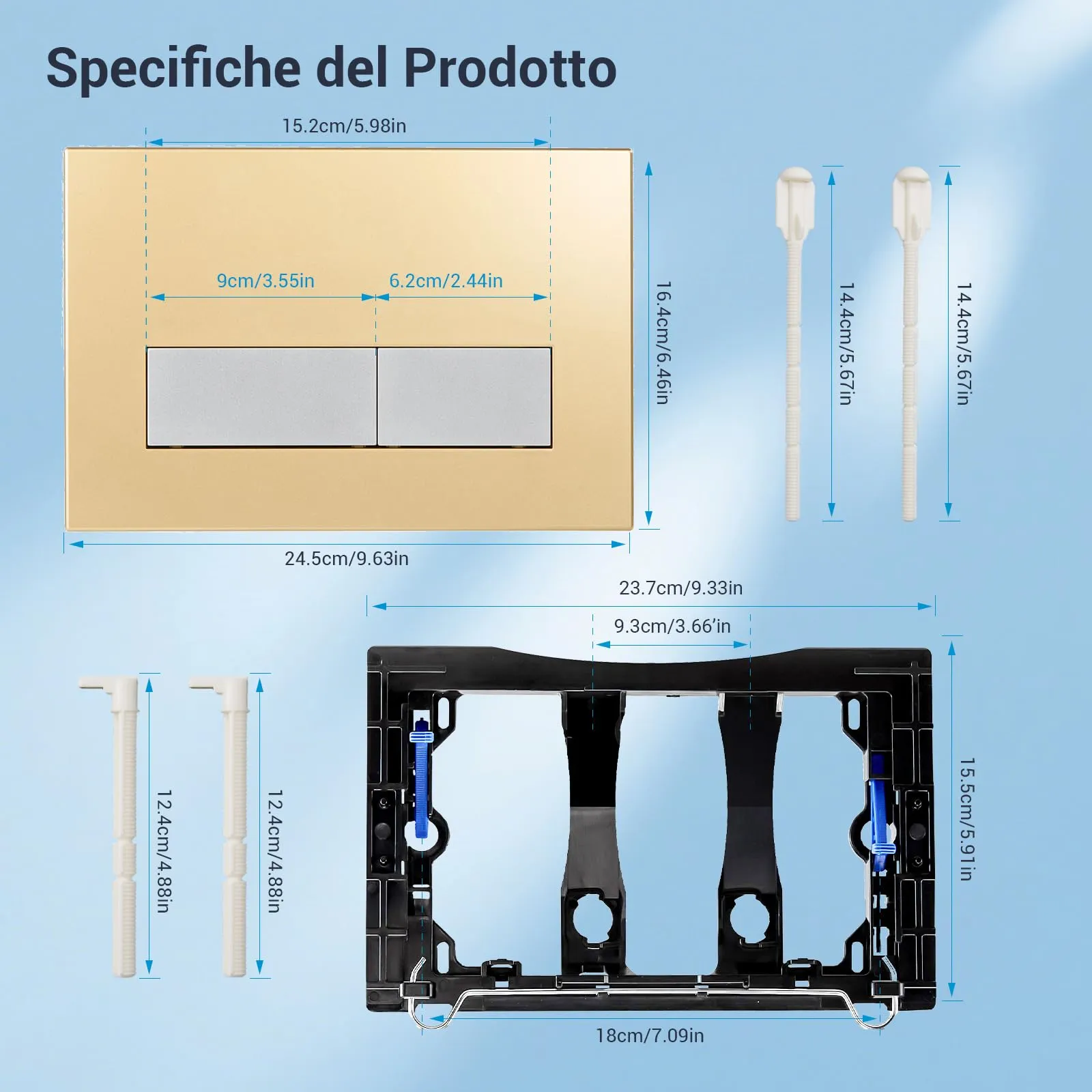 Mendorio Placca di Comando WC per Geberit Sigma, UP300 e UP320, Piastra Doppio Scarico, 246×164 mm, Oro Opaco & Argento Opaco Pulsante - immagine 4