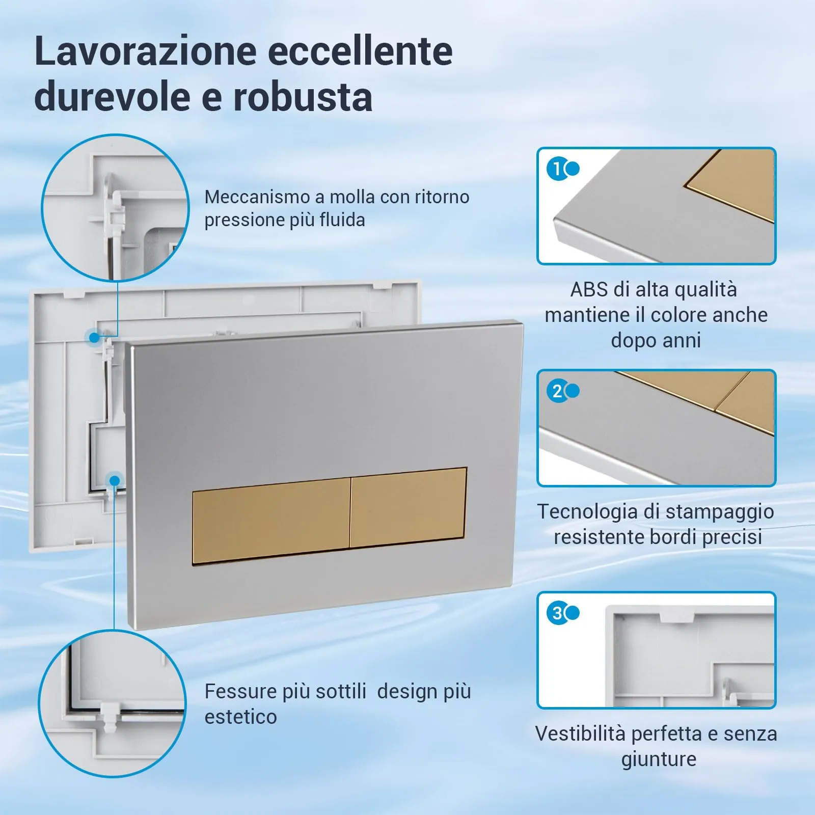 Mendorio Placca di Comando WC per Geberit Sigma, UP300 e UP320, Piastra Doppio Scarico, 246×164 mm (Argento Opaco & Oro Opaco Pulsante) - immagine 3