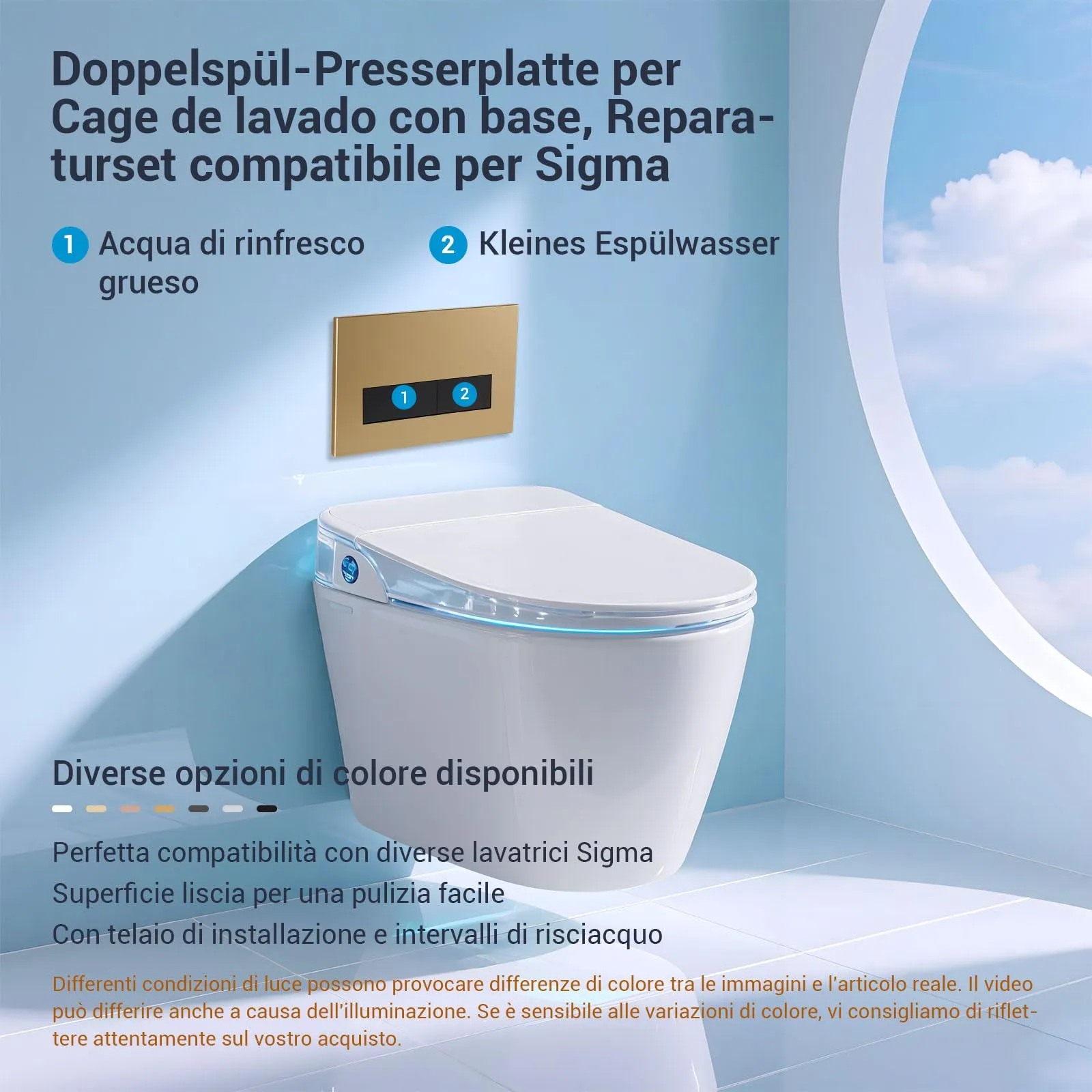 Mendorio Placca di Comando WC per Geberit Sigma, UP300 e UP320, Piastra Doppio Scarico, 246×164 mm, Oro Opaco e Nera Opaco - immagine 2