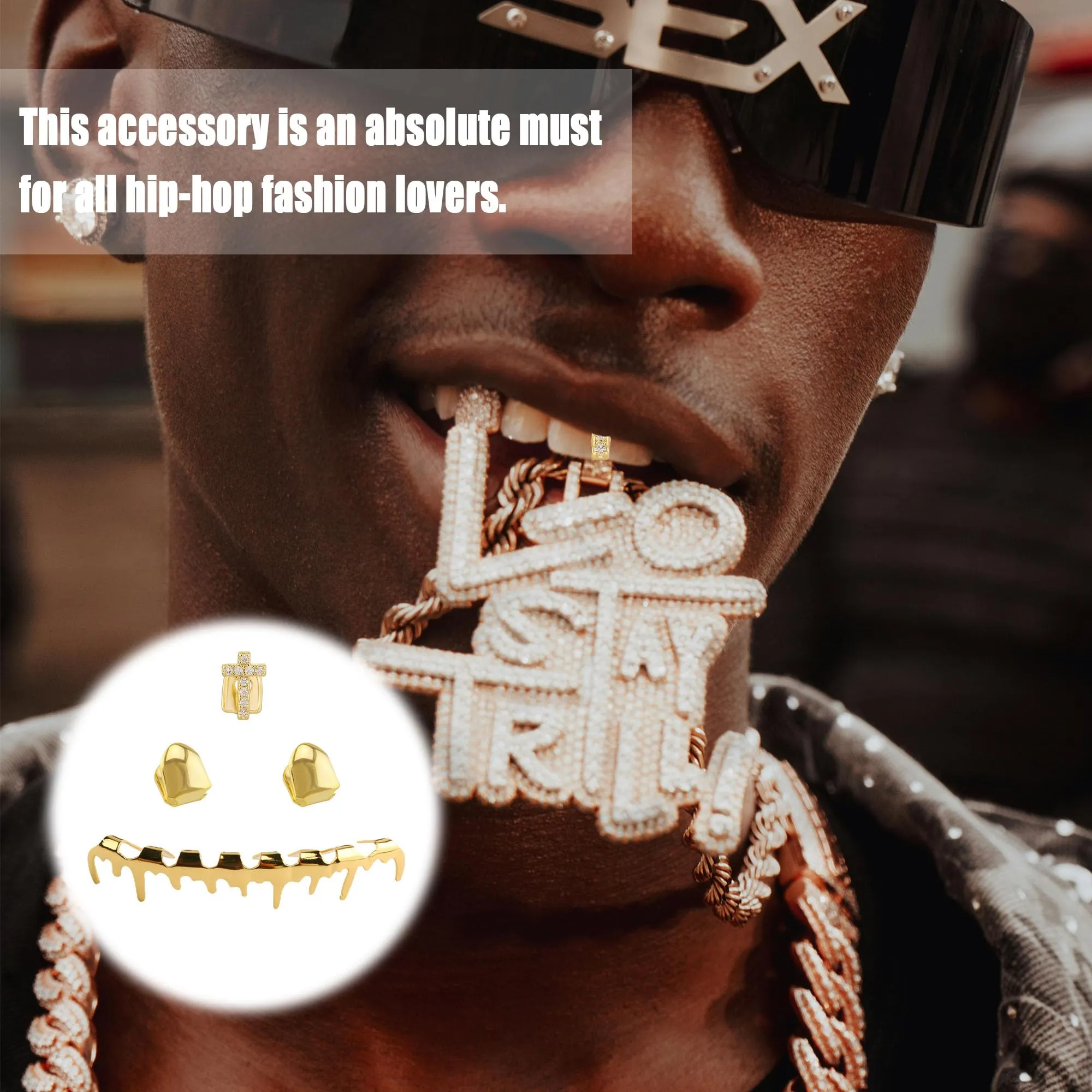 LONGHAO Set di 2 Grillz Denti Dorati Hip Hop con 2 Forme in Silicone - immagine 5