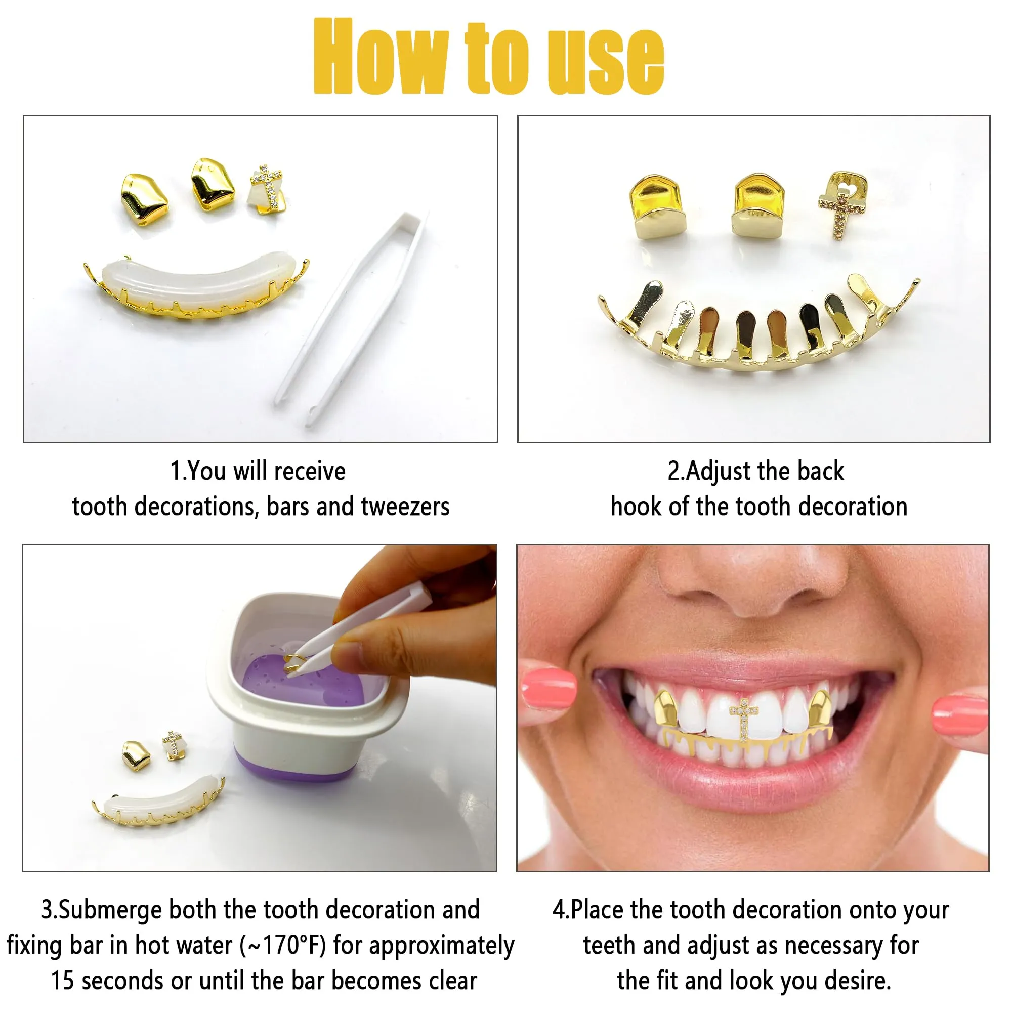 LONGHAO Set di 2 Grillz Denti Dorati Hip Hop con 2 Forme in Silicone - immagine 8