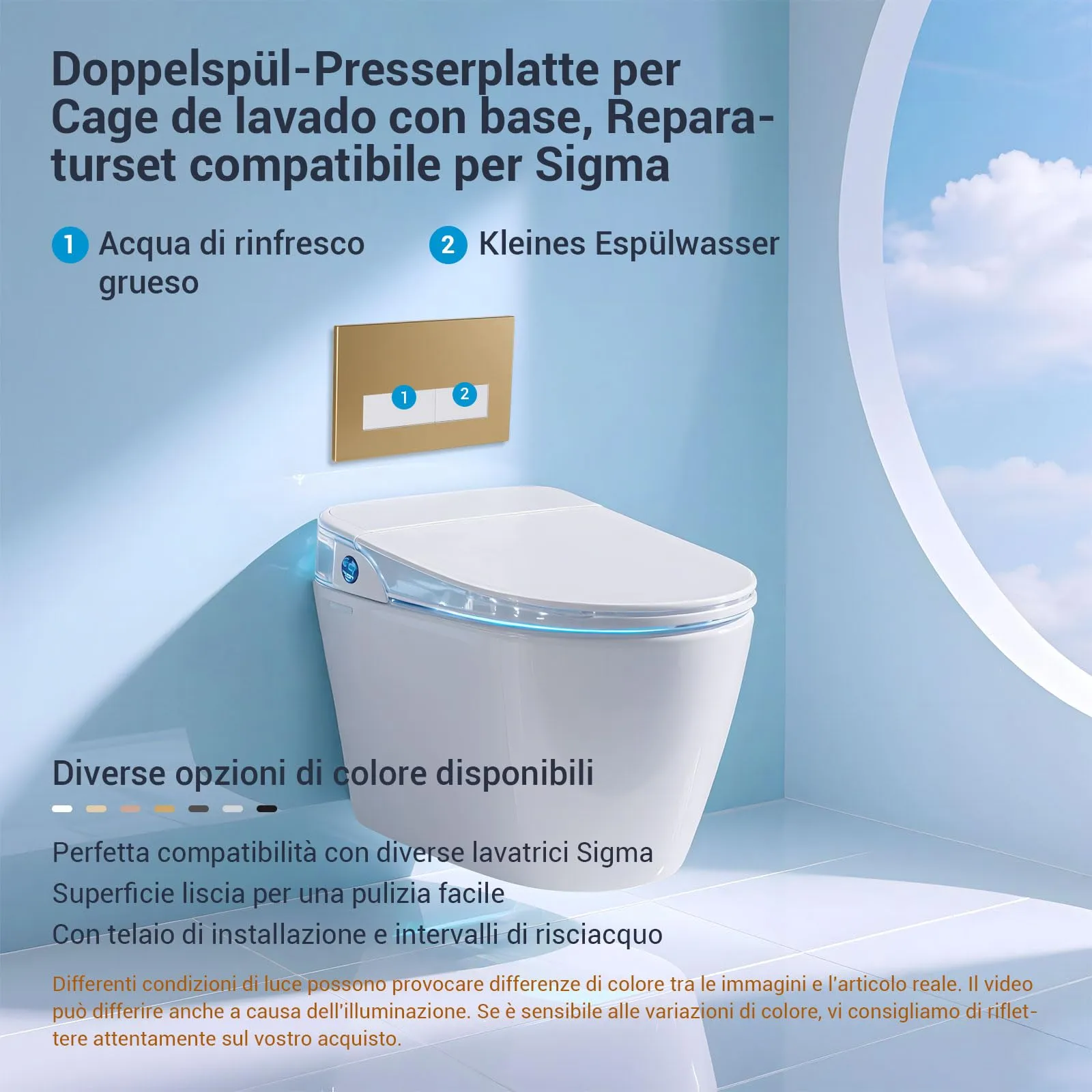Mendorio Placca di Comando WC per Geberit Sigma, UP300 e UP320, Doppio Scarico, 246×164 mm, Oro Opaco e Bianco Opaco - immagine 2