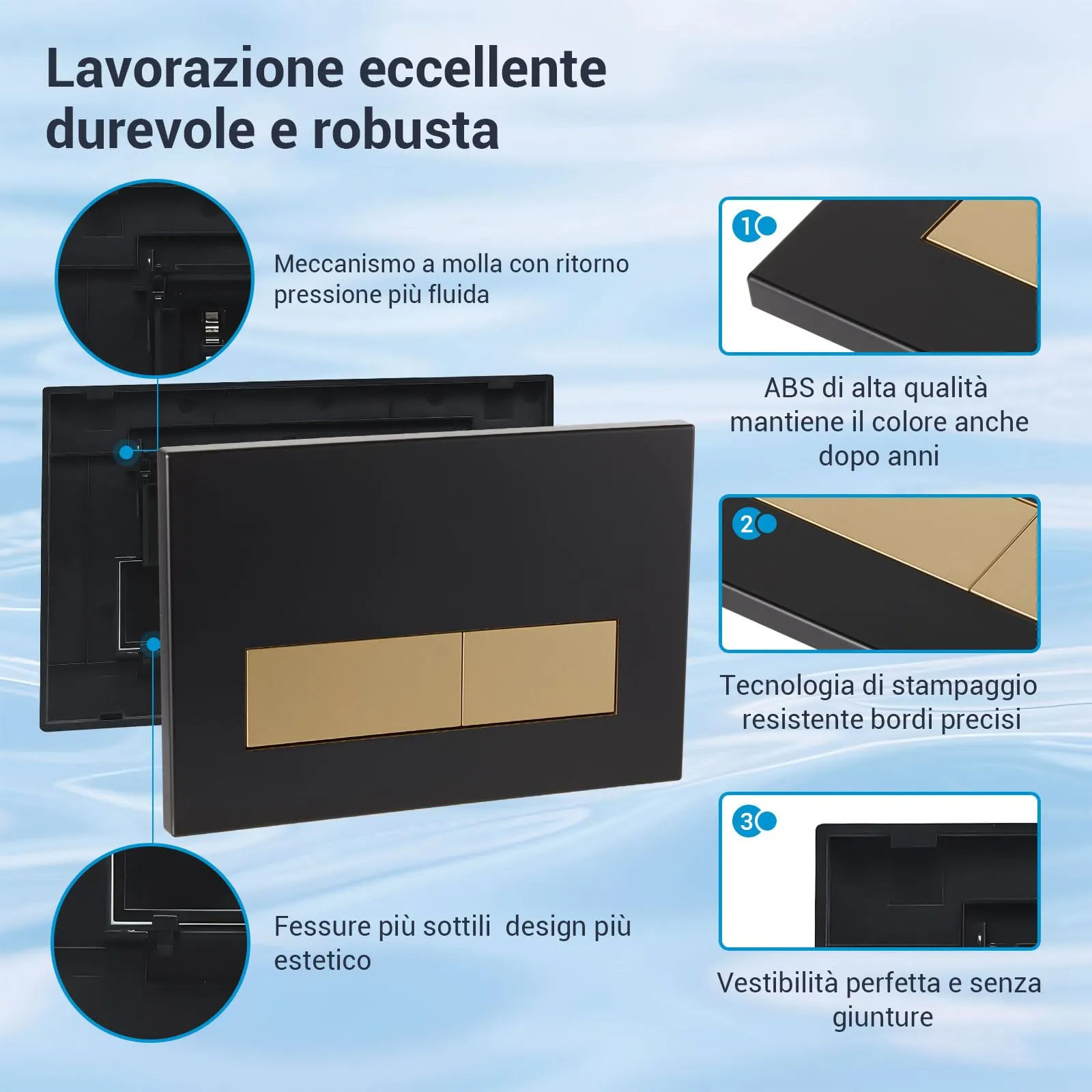 Mendorio Placca di Comando WC per Geberit Sigma, UP300 e UP320, Piastra Doppio Scarico, 246×164 mm, Nero Opaco e Oro Opaco - immagine 3