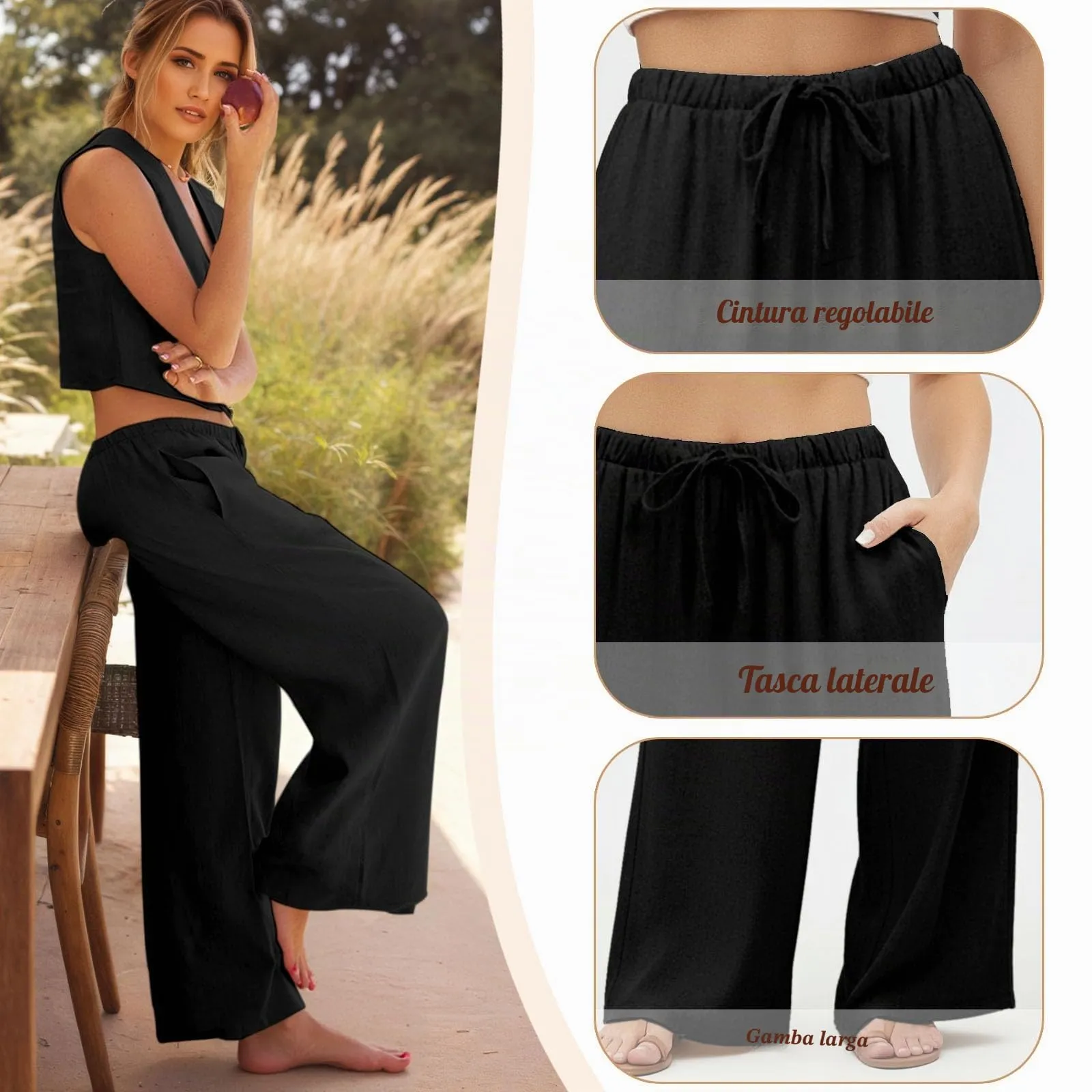 Neteson Pantaloni in Lino Donna Larghi con Vita Elastica - immagine 2
