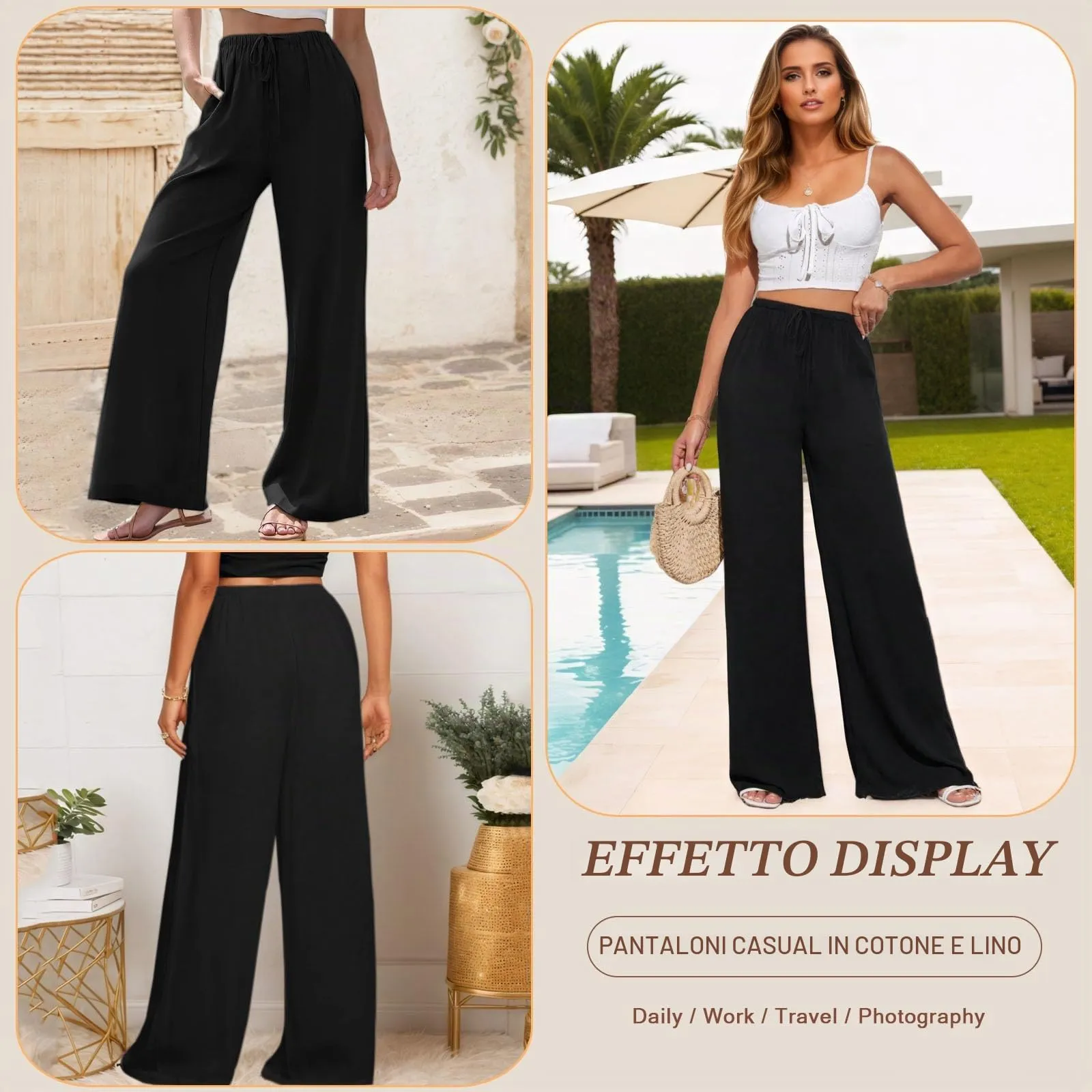 Neteson Pantaloni in Lino Donna Larghi con Vita Elastica - immagine 3