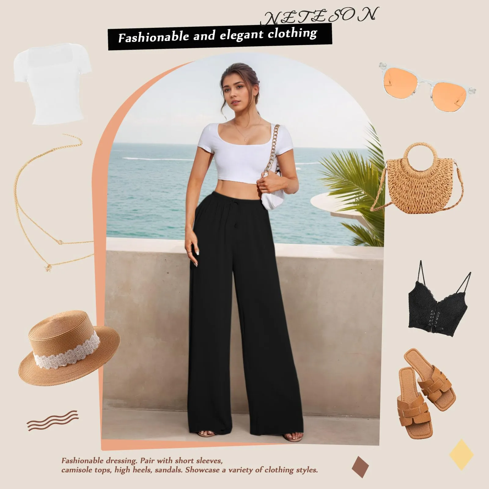 Neteson Pantaloni in Lino Donna Larghi con Vita Elastica - immagine 5