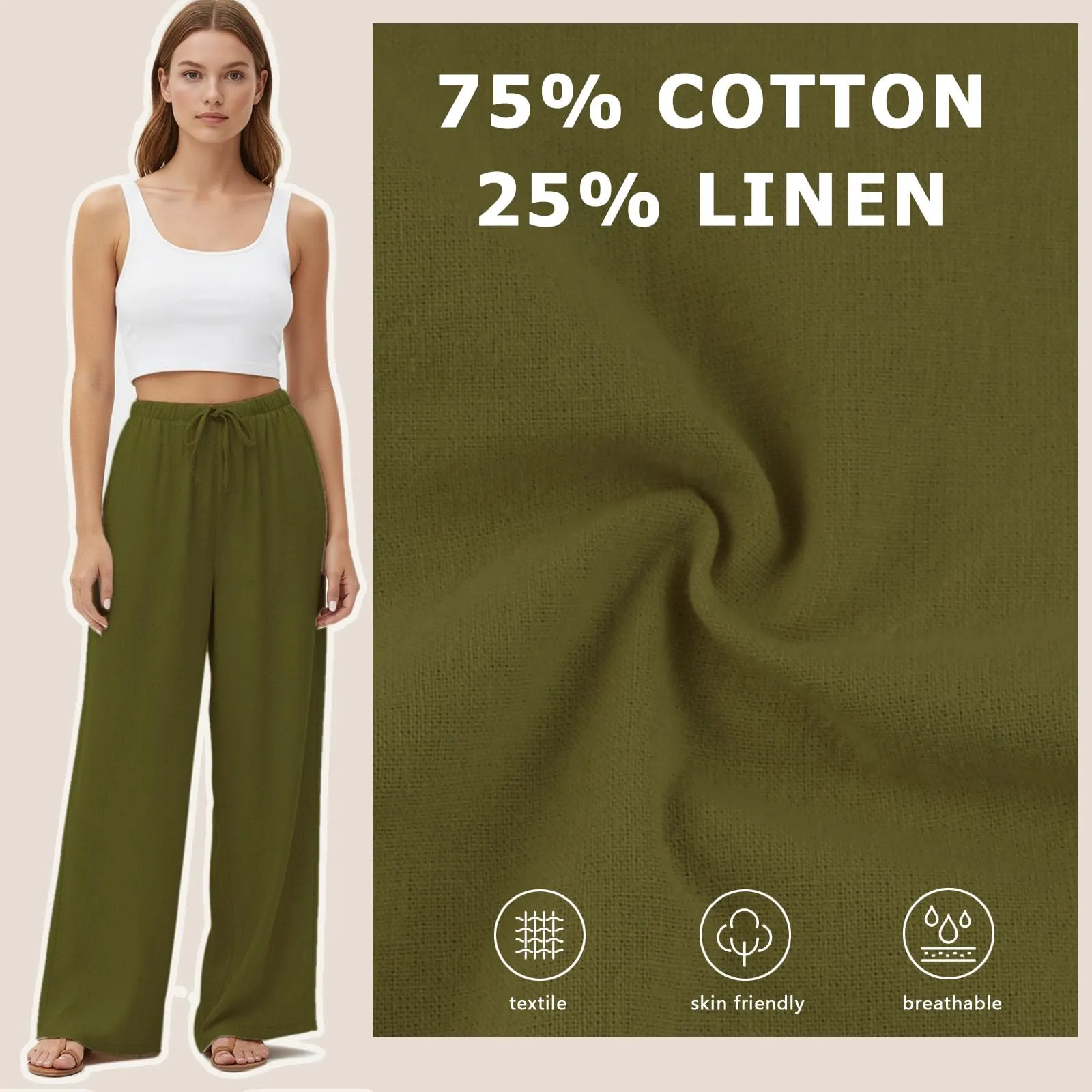 Neteson Pantaloni in Lino Donna Larghi a Vita Elastica Eleganti - immagine 3