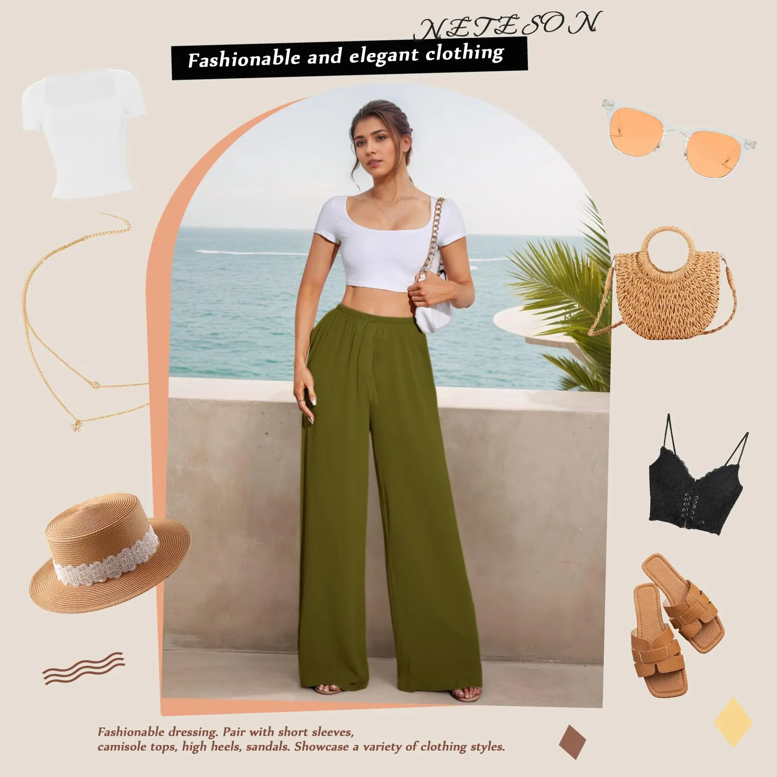 Neteson Pantaloni in Lino Donna Larghi a Vita Elastica Eleganti - immagine 5