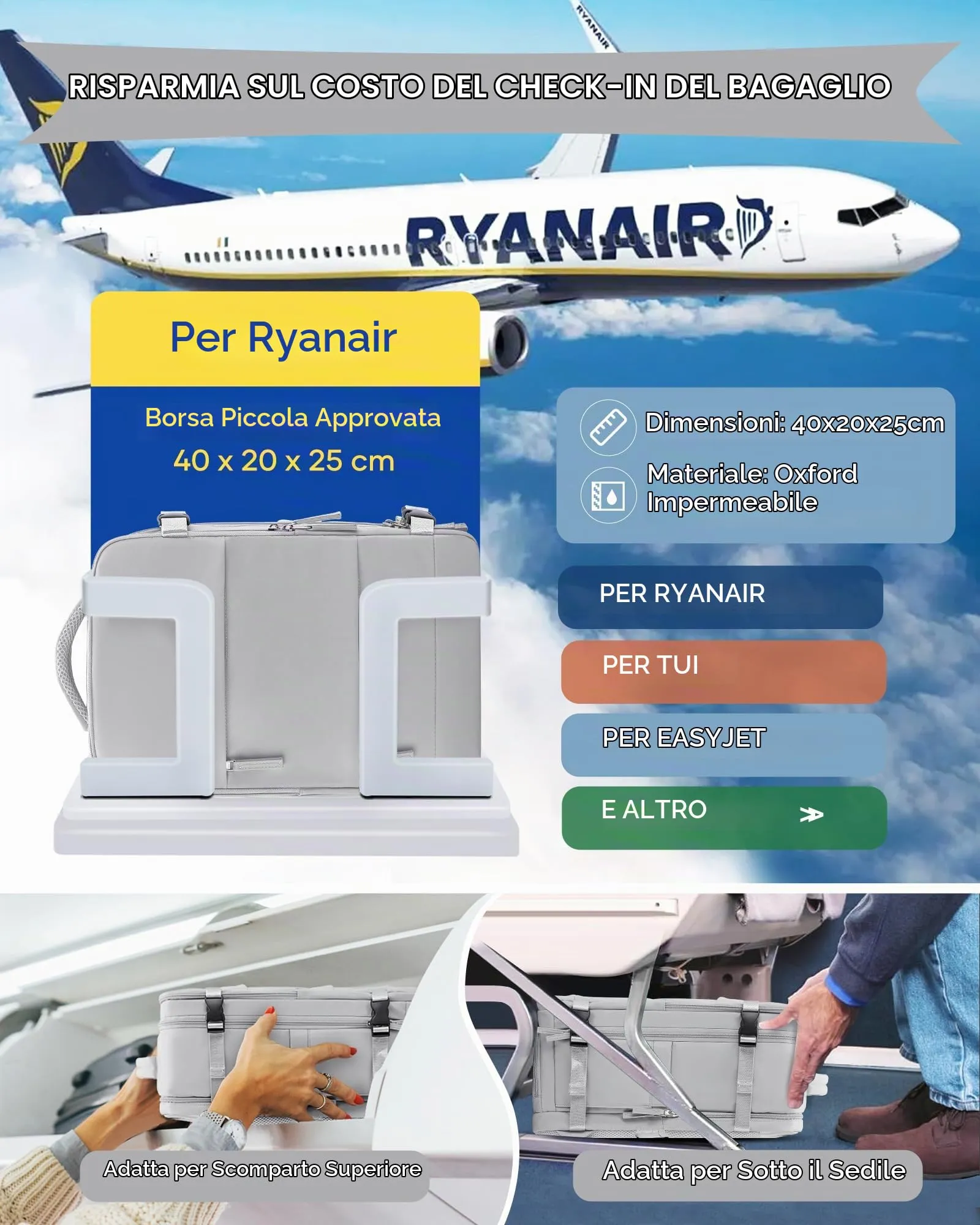 SZLX Zaino da Viaggio Bagaglio a Mano per Ryanair, Wizzair, Easyjet, Compatibile con Laptop 14 Pollici, con Scomparto Scarpe, 40x20x25 cm - immagine 2