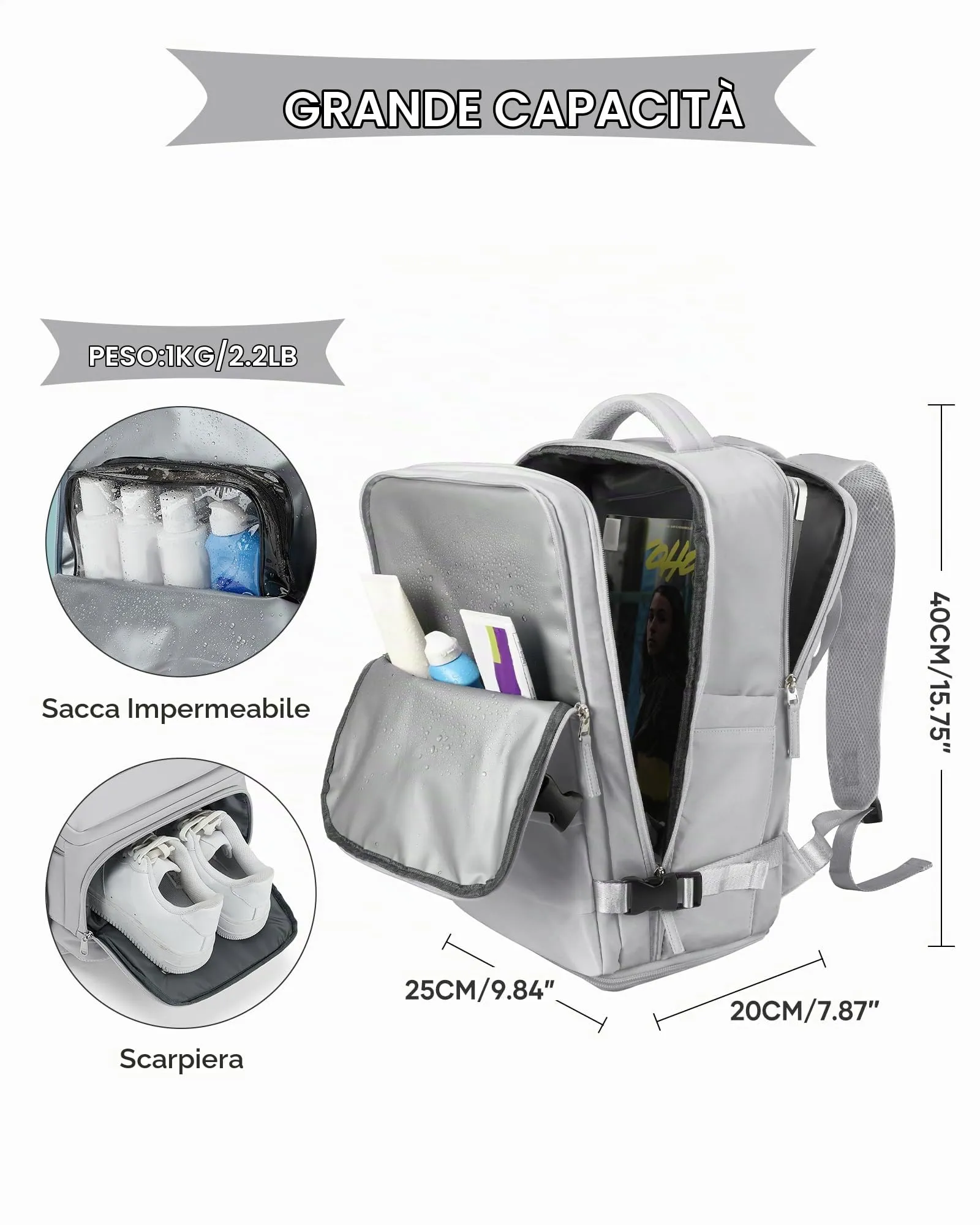 SZLX Zaino da Viaggio Bagaglio a Mano per Ryanair, Wizzair, Easyjet, Compatibile con Laptop 14 Pollici, con Scomparto Scarpe, 40x20x25 cm - immagine 5