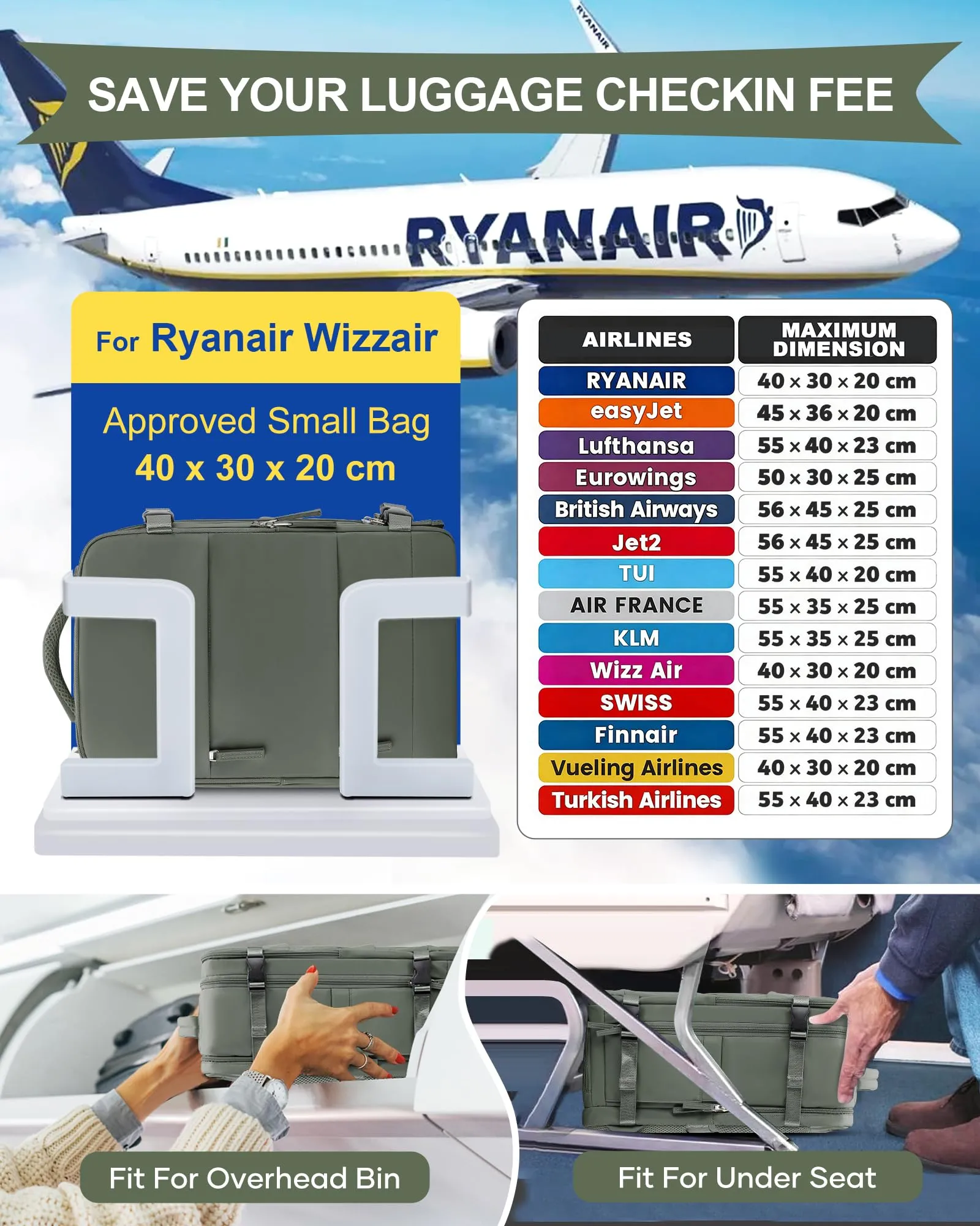 SZLX Zaino da Viaggio Bagaglio a Mano per Ryanair Wizzair Easyjet, Laptop 14 Pollici con Porta Scarpe - immagine 3