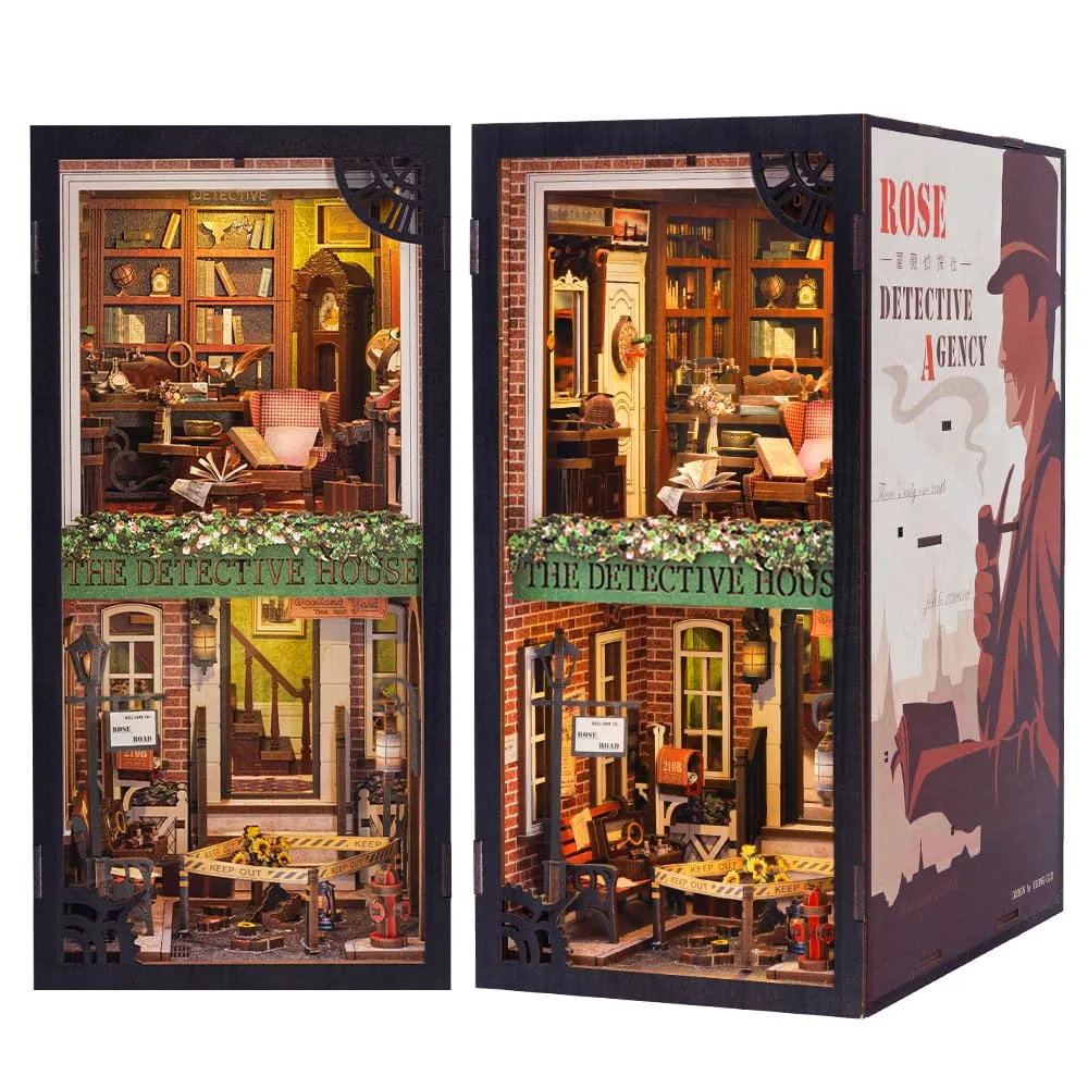 CUTEBEE Rose Detective Agency DIY Book Nook Kit with LED Light and Dust Cover, 3D Wooden Miniature Dollhouse Model (1:24) - immagine 1