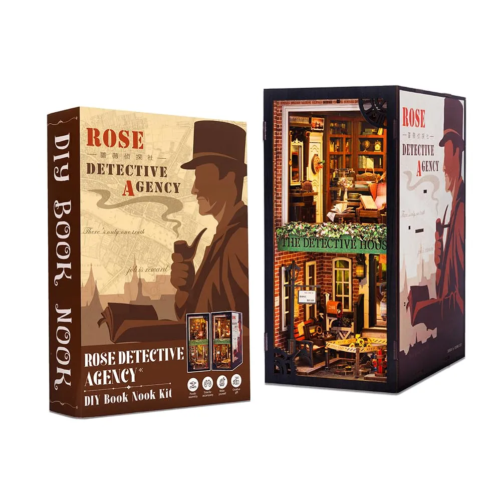 CUTEBEE Rose Detective Agency DIY Book Nook Kit with LED Light and Dust Cover, 3D Wooden Miniature Dollhouse Model (1:24) - immagine 2