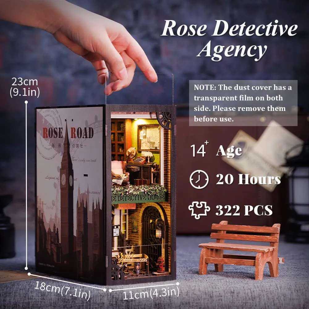 CUTEBEE Rose Detective Agency DIY Book Nook Kit with LED Light and Dust Cover, 3D Wooden Miniature Dollhouse Model (1:24) - immagine 3