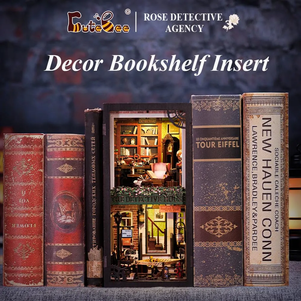 CUTEBEE Rose Detective Agency DIY Book Nook Kit with LED Light and Dust Cover, 3D Wooden Miniature Dollhouse Model (1:24) - immagine 4