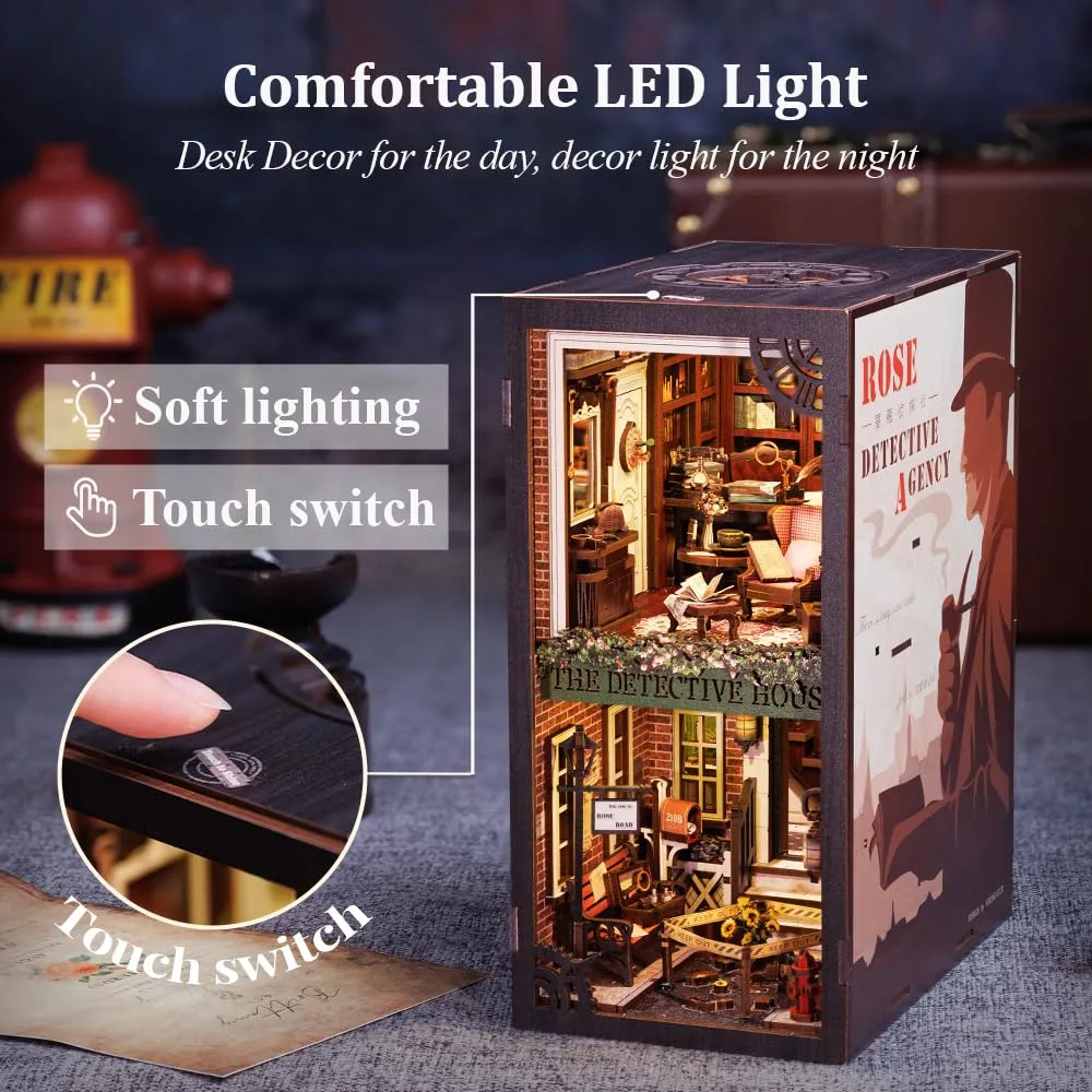 CUTEBEE Rose Detective Agency DIY Book Nook Kit with LED Light and Dust Cover, 3D Wooden Miniature Dollhouse Model (1:24) - immagine 5