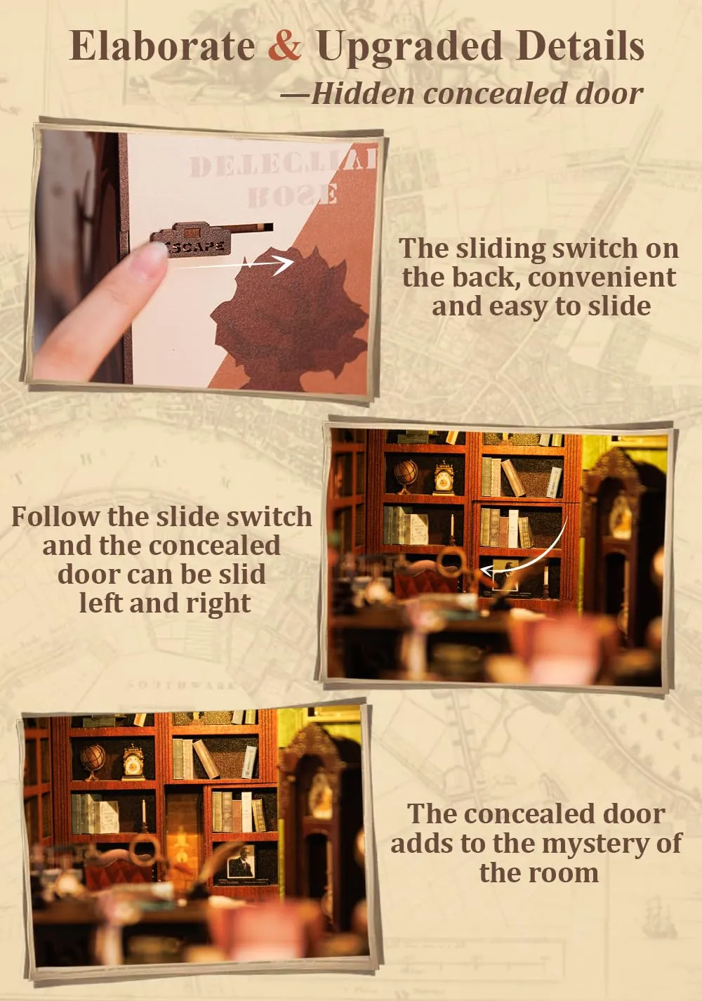 CUTEBEE Rose Detective Agency DIY Book Nook Kit with LED Light and Dust Cover, 3D Wooden Miniature Dollhouse Model (1:24) - immagine 7