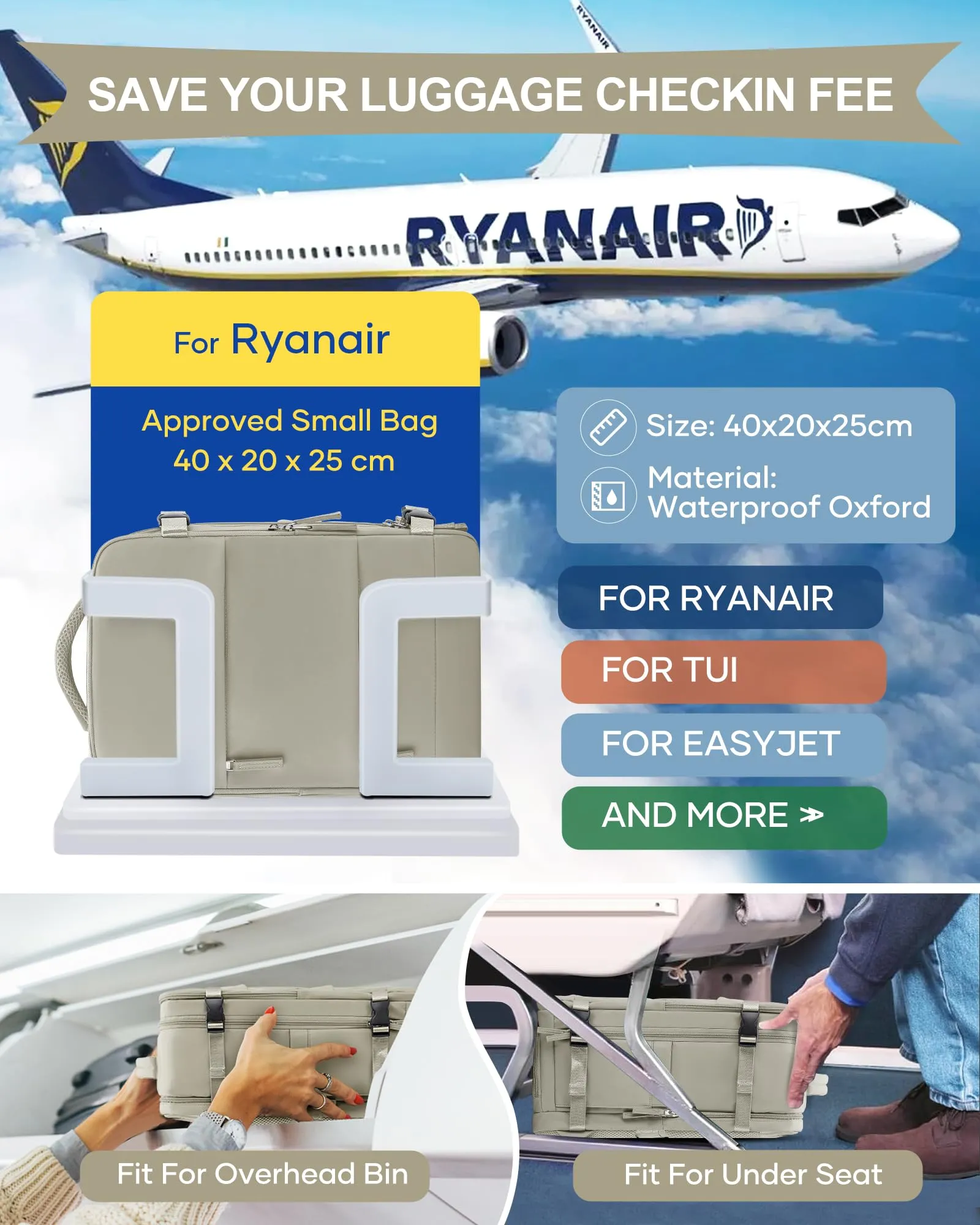 SZLX Zaino da Viaggio Bagaglio a Mano per Ryanair, Wizzair, Easyjet, Laptop 14 Pollici con Porta Scarpe, 40x20x25 cm - immagine 2