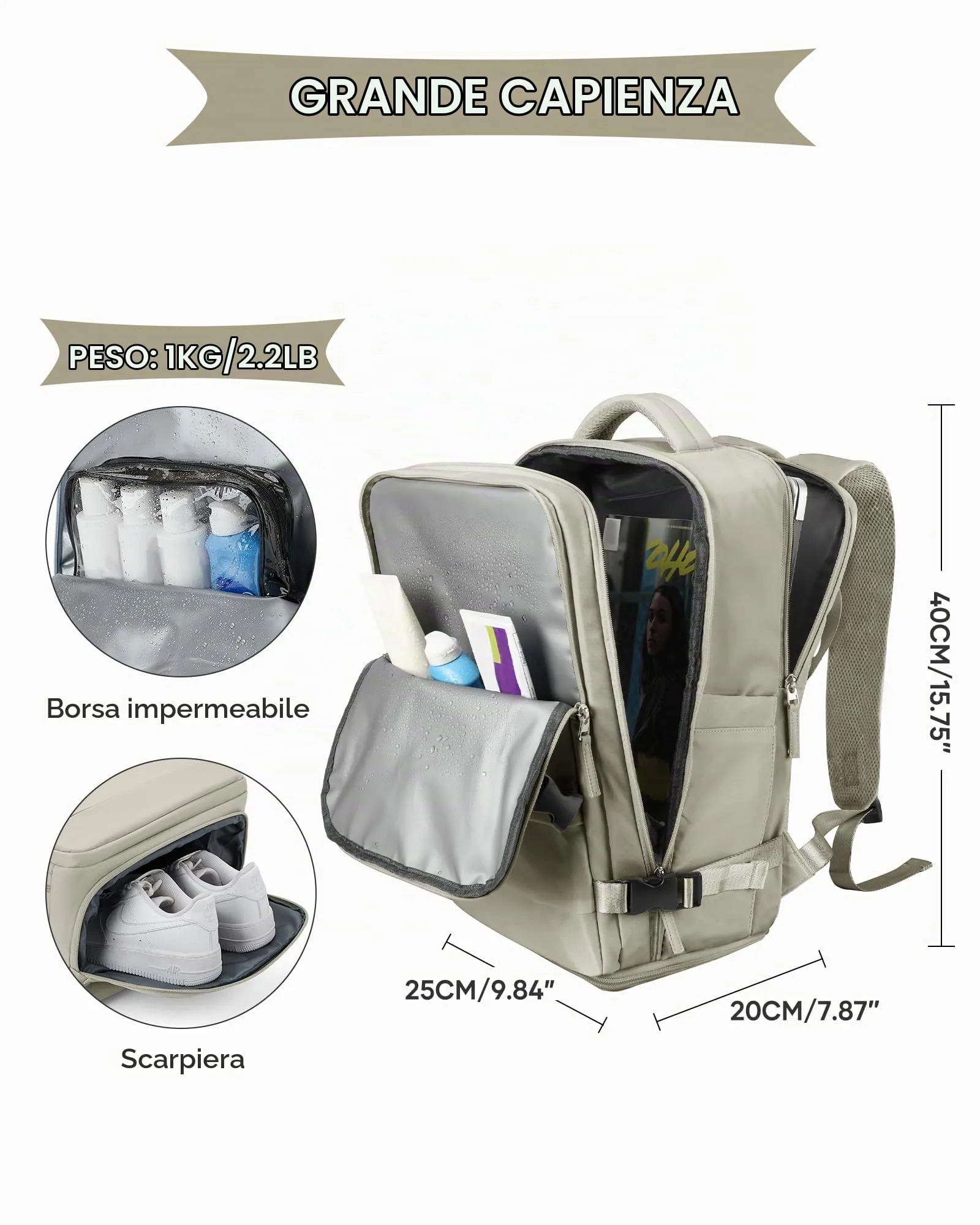 SZLX Zaino da Viaggio Bagaglio a Mano per Ryanair, Wizzair, Easyjet, Laptop 14 Pollici con Porta Scarpe, 40x20x25 cm - immagine 4