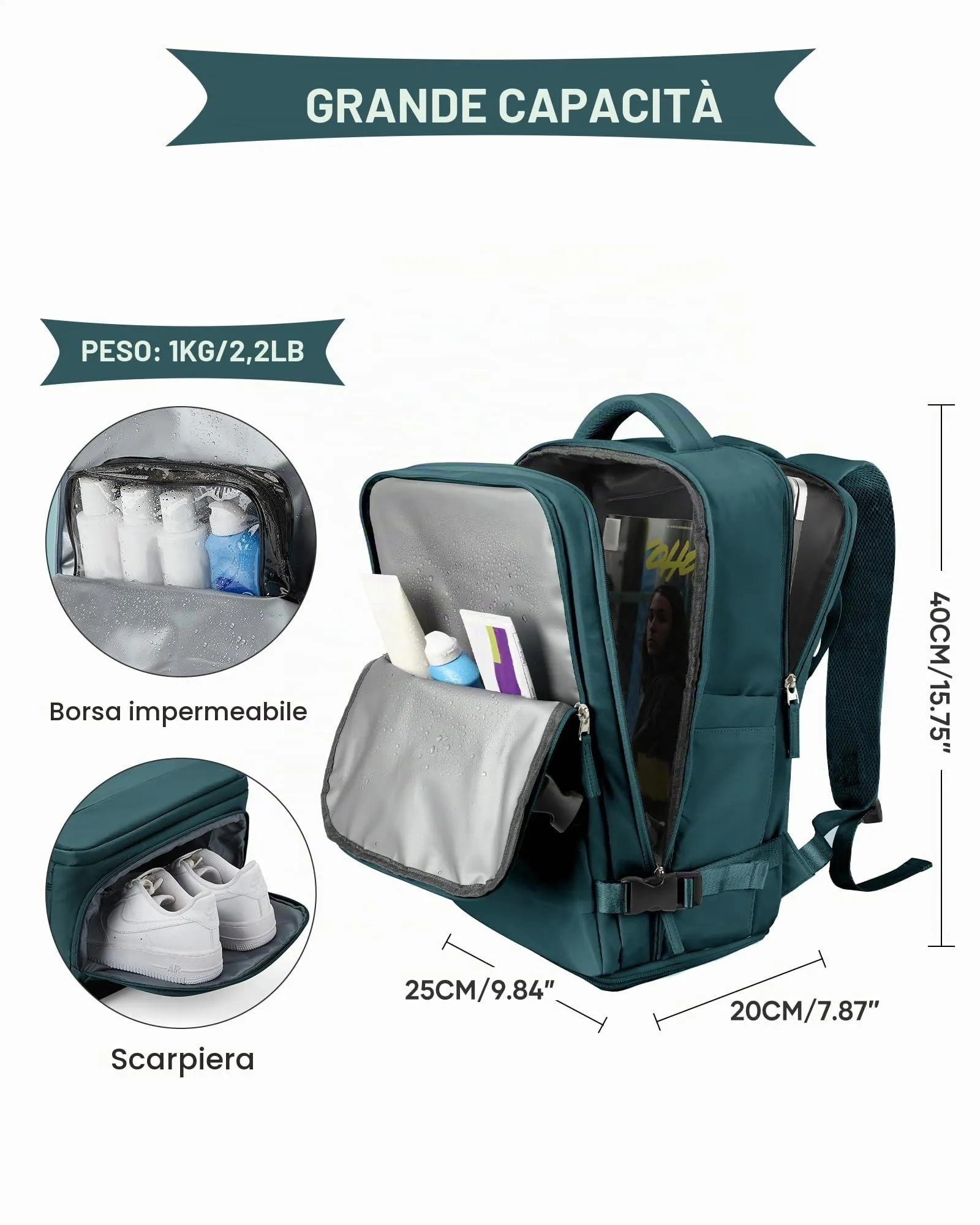 SZLX Zaino da Viaggio Bagaglio a Mano per Ryanair Wizzair Easyjet con Porta Scarpe e Scomparto Laptop 14 Pollici, 40x20x25 cm - immagine 4