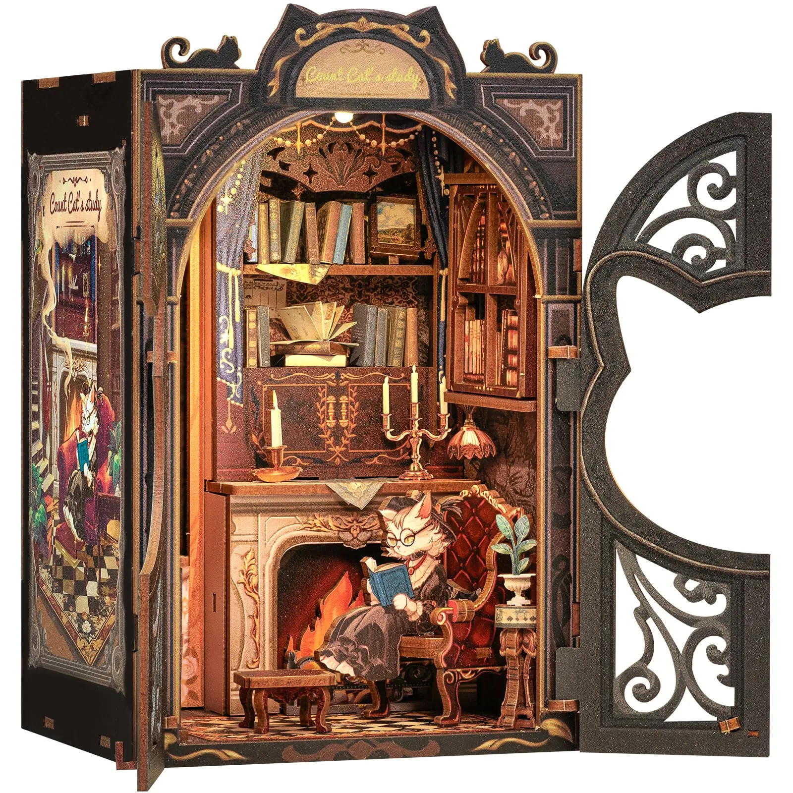 CUTEBEE Book Nook Kit Count Cat's Study, Casa delle Bambole in Miniatura con Protezione Antipolvere e Luce LED - immagine 1