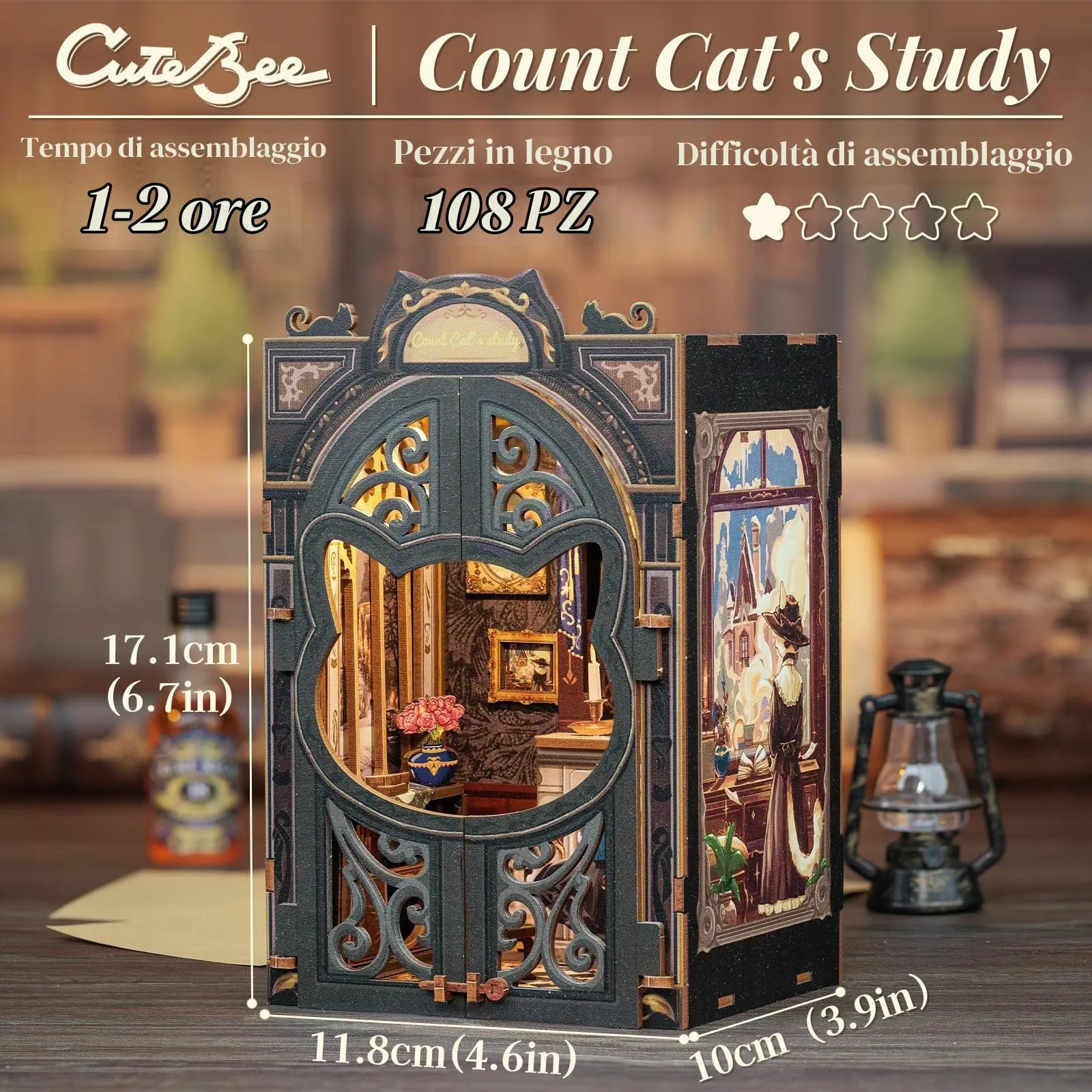 CUTEBEE Book Nook Kit Count Cat's Study, Casa delle Bambole in Miniatura con Protezione Antipolvere e Luce LED - immagine 2