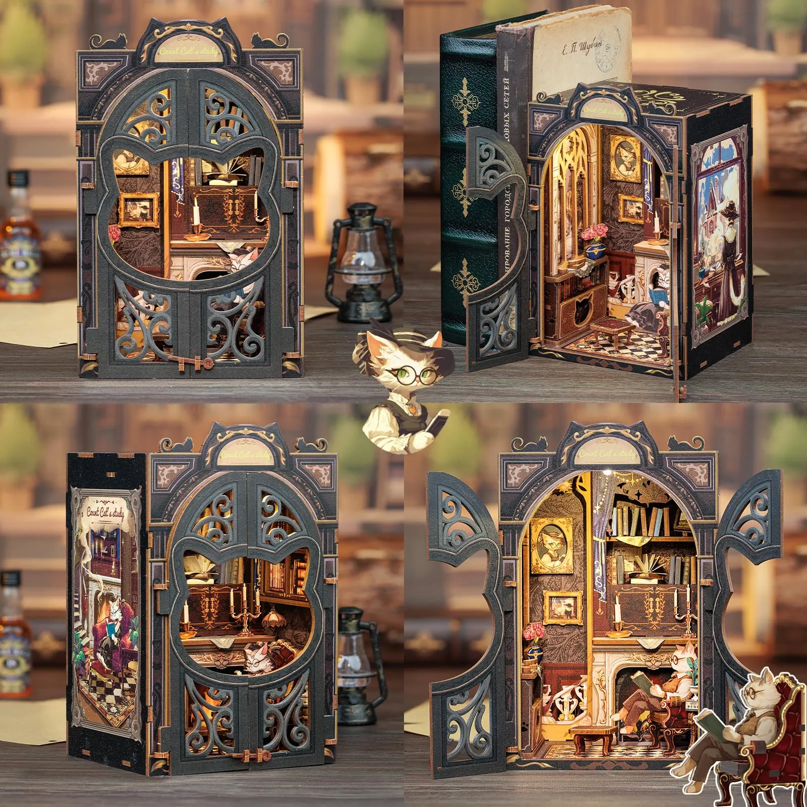 CUTEBEE Book Nook Kit Count Cat's Study, Casa delle Bambole in Miniatura con Protezione Antipolvere e Luce LED - immagine 3