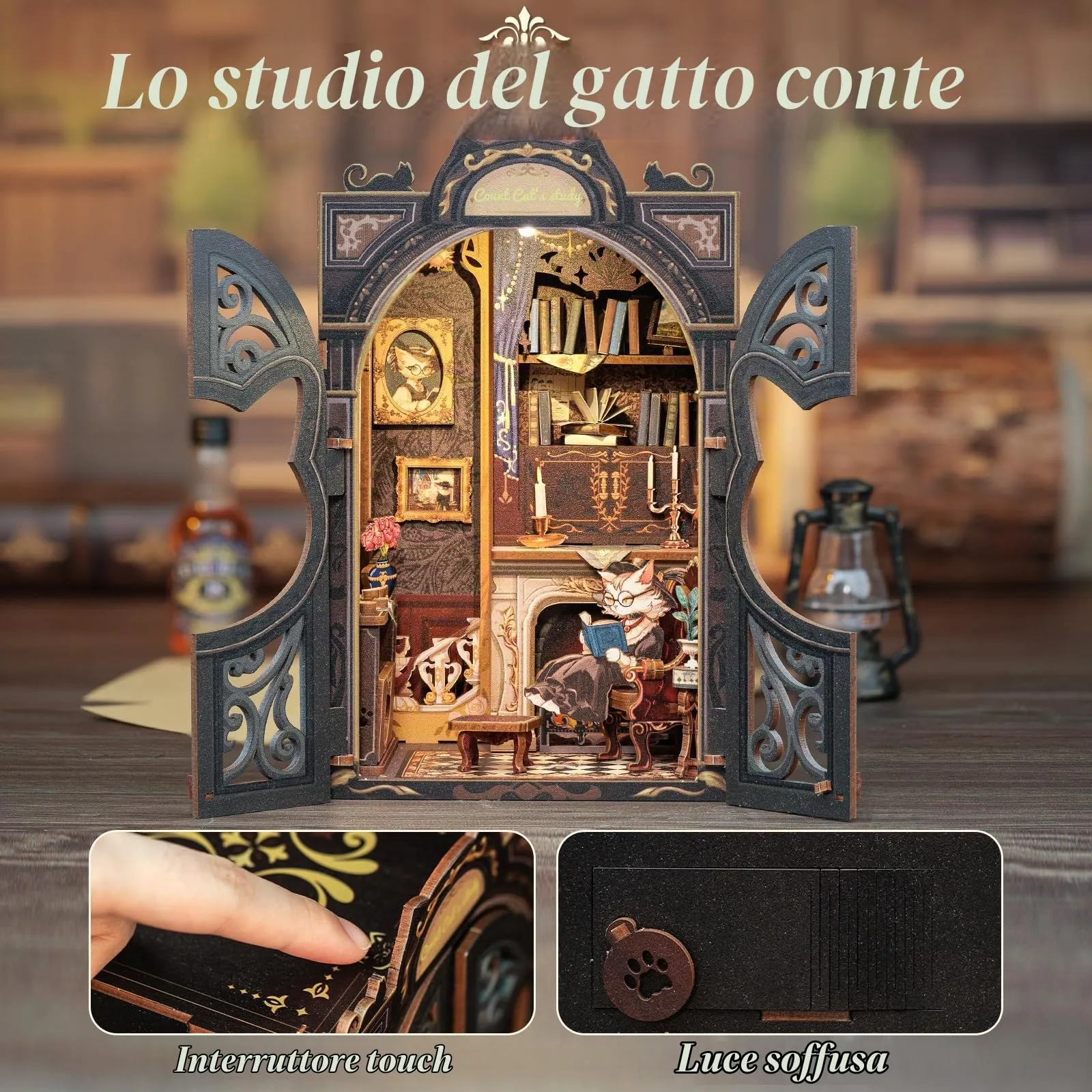 CUTEBEE Book Nook Kit Count Cat's Study, Casa delle Bambole in Miniatura con Protezione Antipolvere e Luce LED - immagine 4