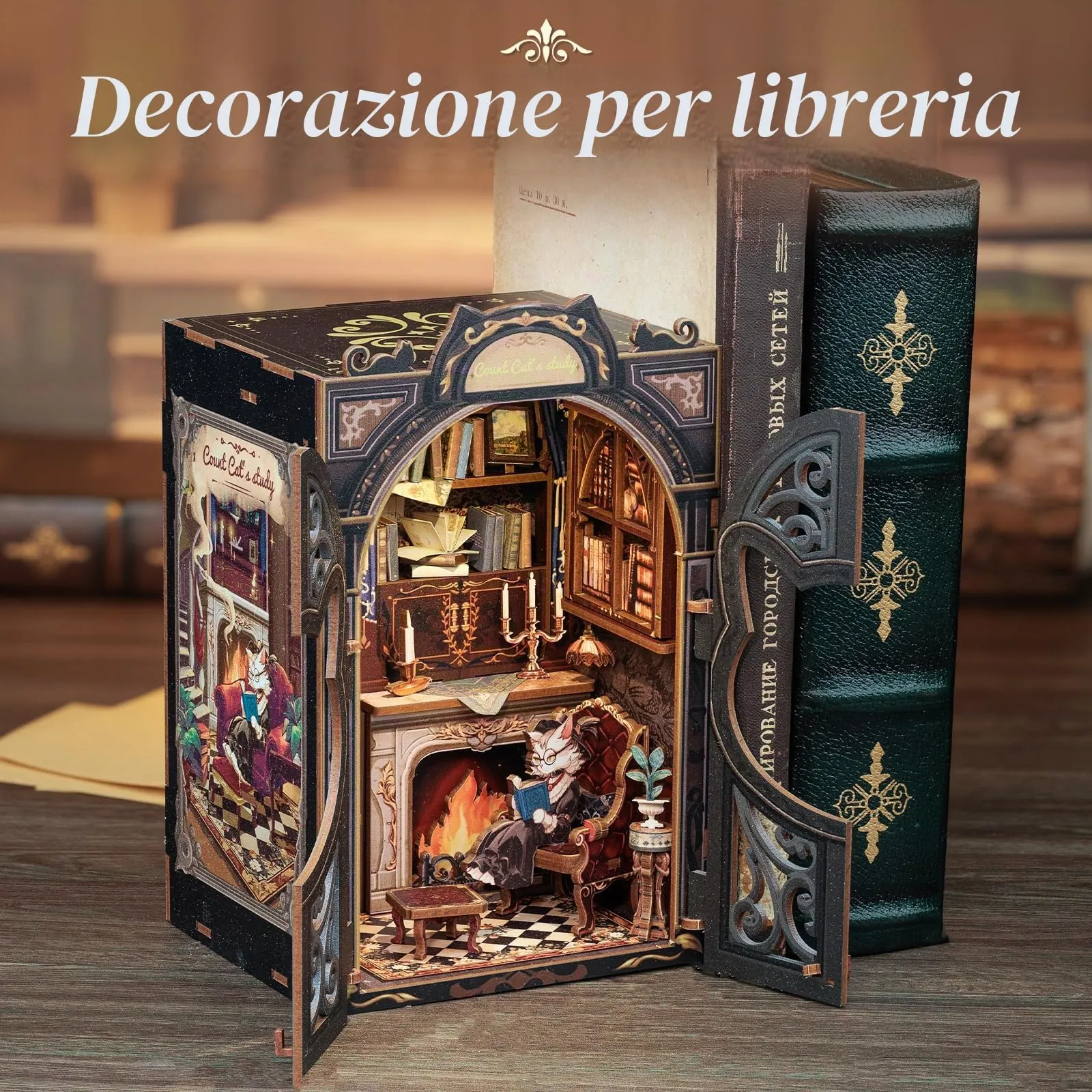CUTEBEE Book Nook Kit Count Cat's Study, Casa delle Bambole in Miniatura con Protezione Antipolvere e Luce LED - immagine 7