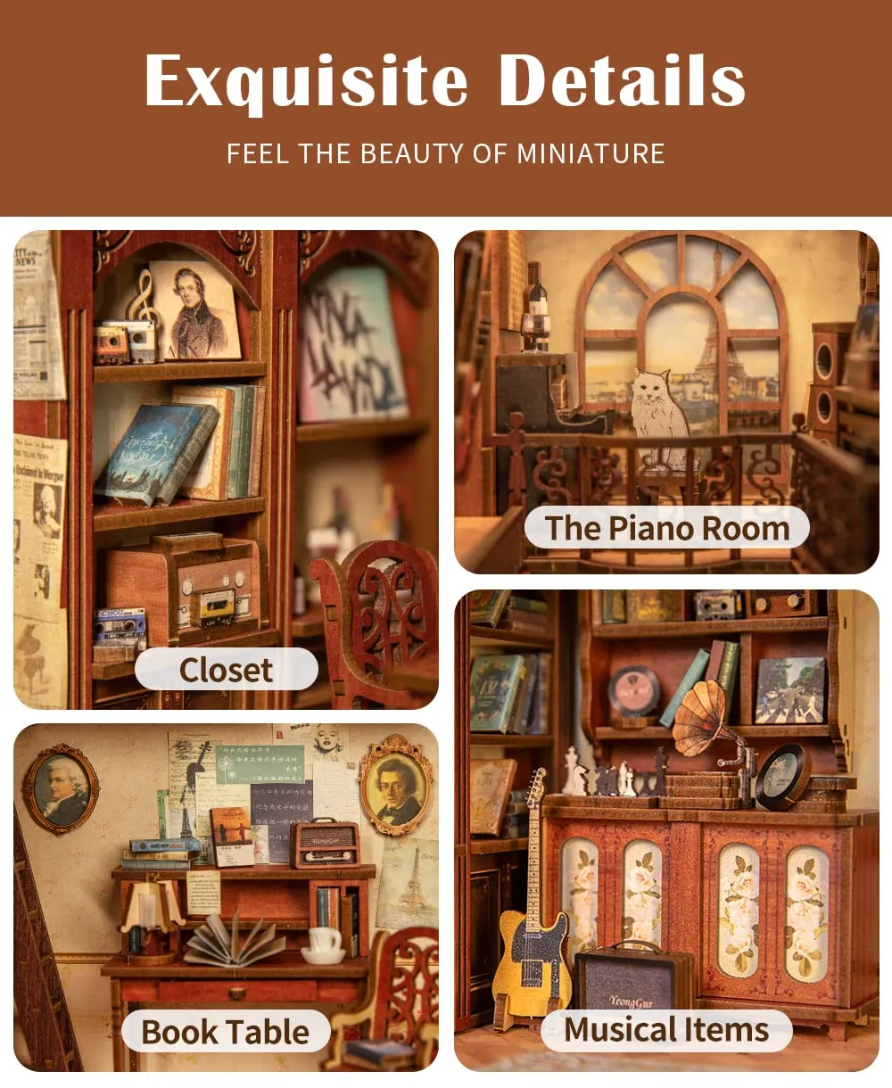 CUTEBEE DIY Book Nook Kit - The Secret Rhythm 3D Wooden Puzzle Model with LED Light, 1:24 - immagine 5