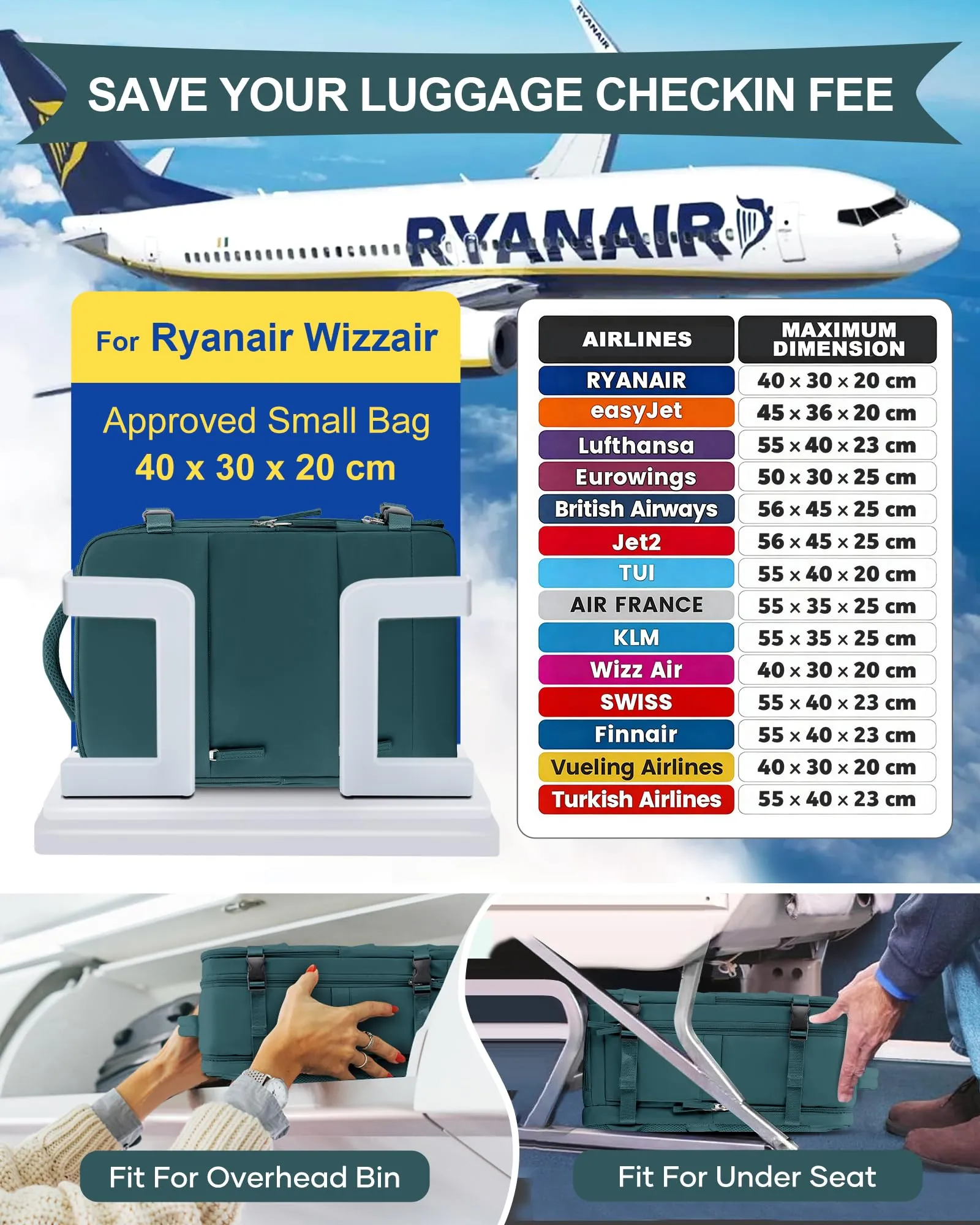 SZLX Zaino da Viaggio Bagaglio a Mano per Ryanair, Wizzair ed Easyjet con Porta Scarpe e Scomparto Laptop 14 Pollici - immagine 3