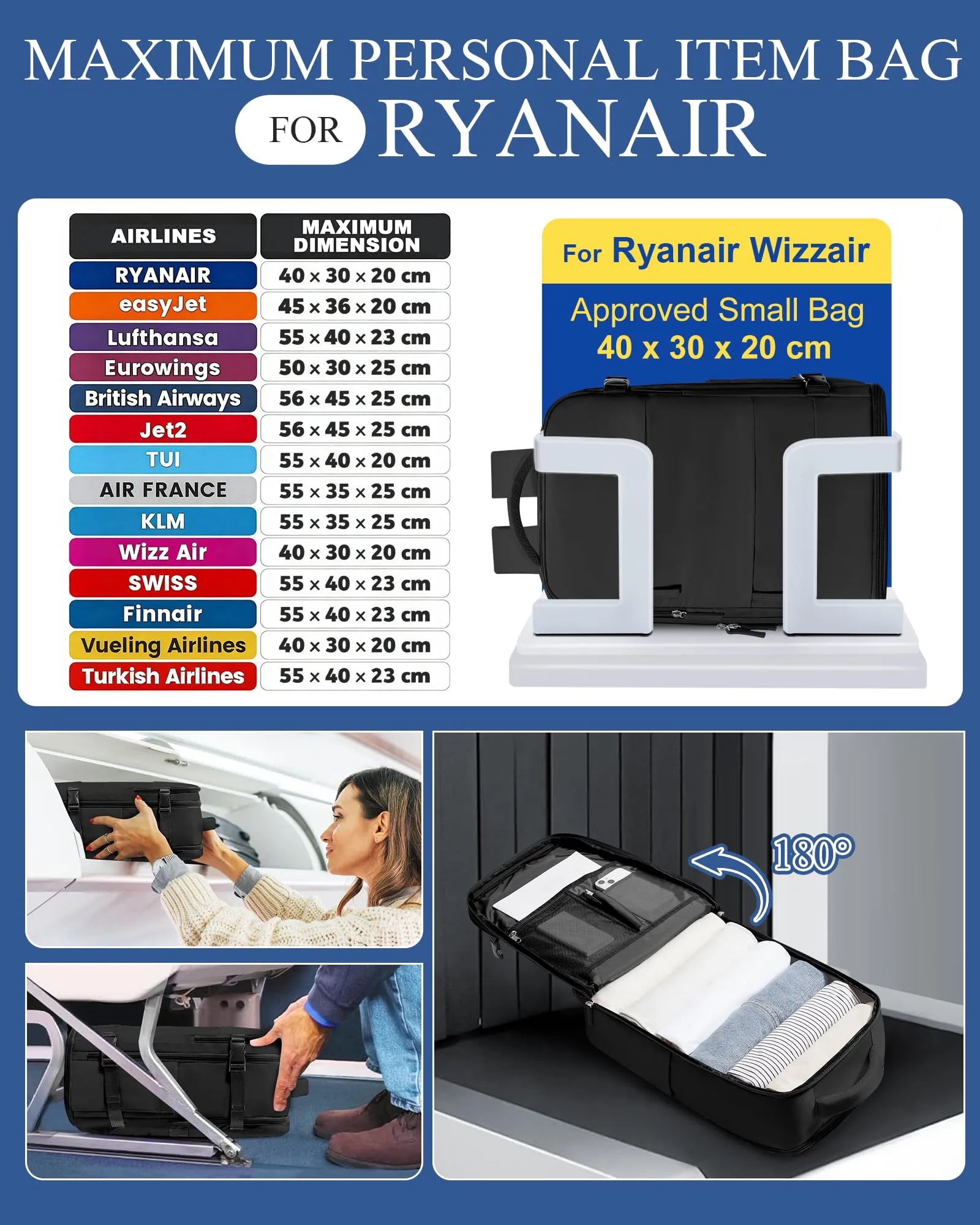 SZLX Zaino da Viaggio Bagaglio a Mano per Ryanair 40x30x20, Wizzair, Easyjet, con Scomparto Laptop 14 Pollici e Porta Scarpe - immagine 4