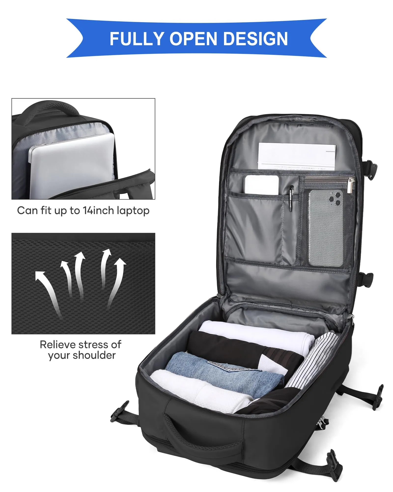 SZLX Zaino da Viaggio Bagaglio a Mano per Ryanair 40x30x20, Wizzair, Easyjet, con Scomparto Laptop 14 Pollici e Porta Scarpe - immagine 7