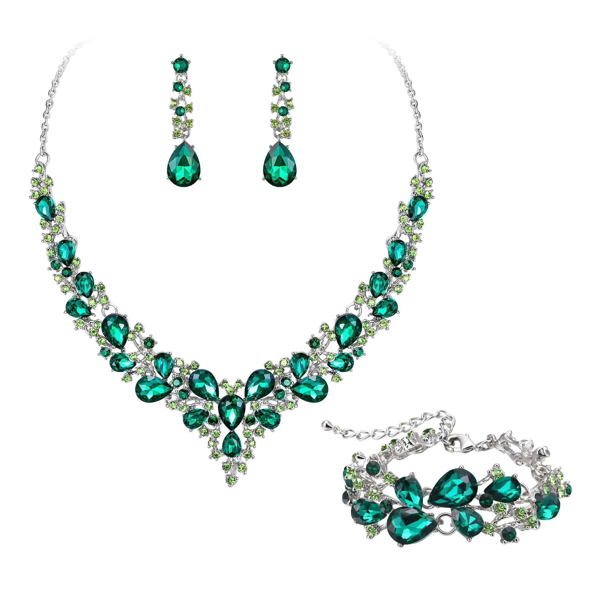 EVER FAITH Set Gioielli da Sposa con Collana, Orecchini Pendenti e Braccialetto in Cristallo Goccia Austriaca, Verde Argento Fondo - immagine 1