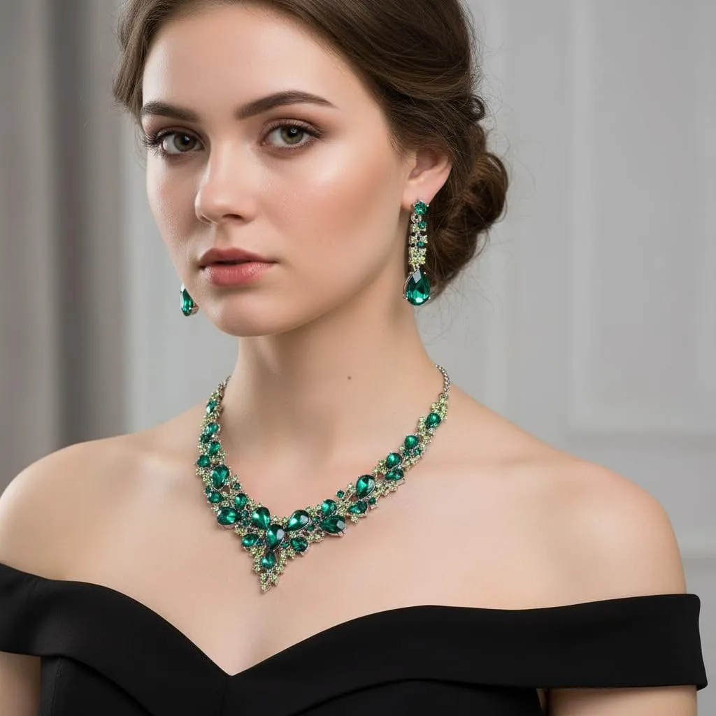 EVER FAITH Set Gioielli da Sposa con Collana, Orecchini Pendenti e Braccialetto in Cristallo Goccia Austriaca, Verde Argento Fondo - immagine 2