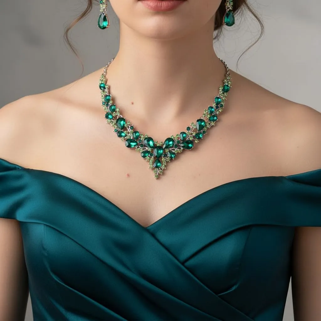 EVER FAITH Set Gioielli da Sposa con Collana, Orecchini Pendenti e Braccialetto in Cristallo Goccia Austriaca, Verde Argento Fondo - immagine 3
