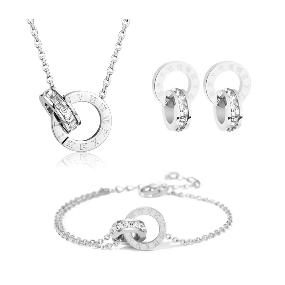 RPAEOY Set di Gioielli con Numeri Romani e Zircone in Acciaio Inossidabile Placcato Oro 18K e Argento, Collana Orecchini e Bracciale (Argento) - immagine 1