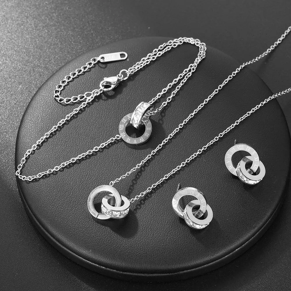 RPAEOY Set di Gioielli con Numeri Romani e Zircone in Acciaio Inossidabile Placcato Oro 18K e Argento, Collana Orecchini e Bracciale (Argento) - immagine 3