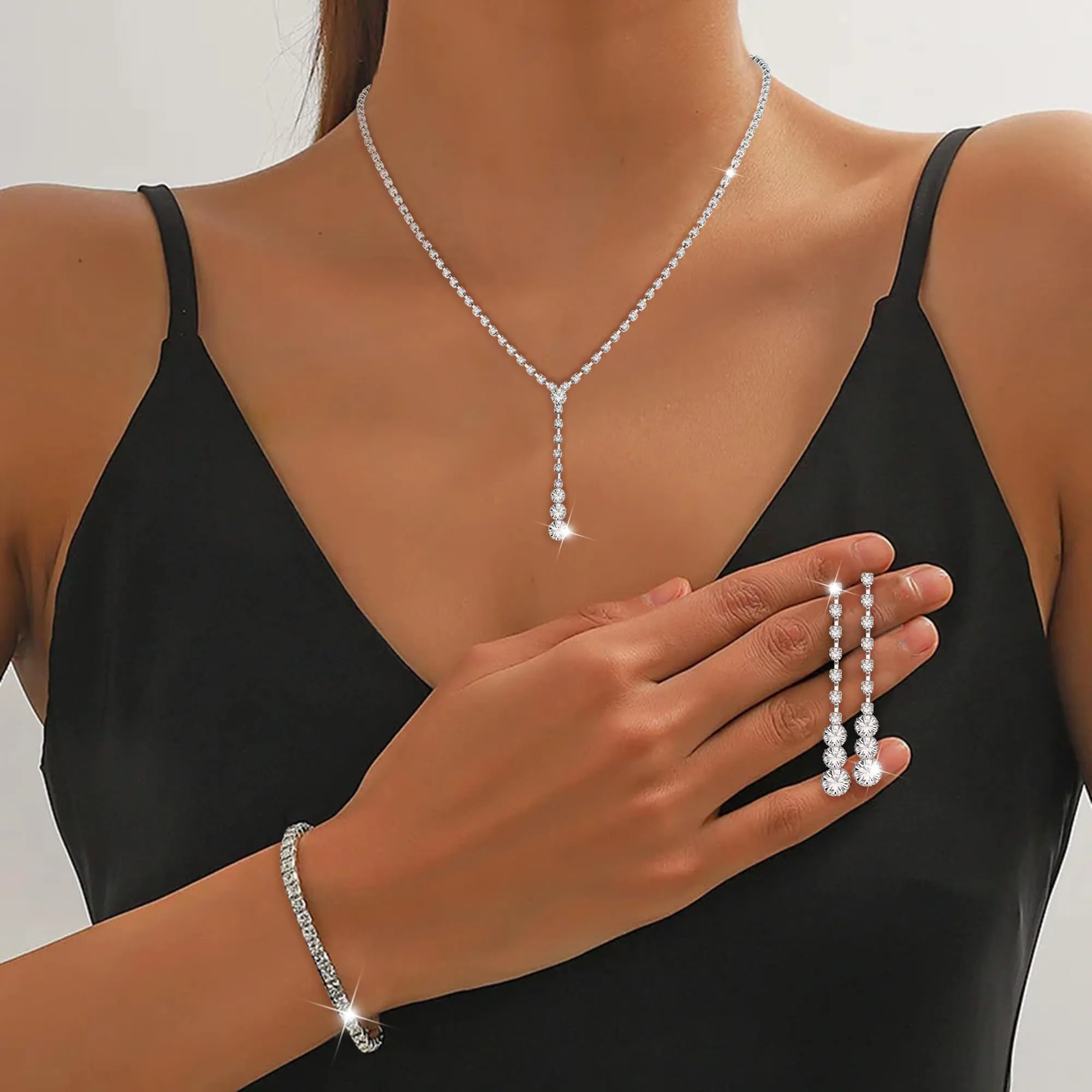 Diamday Set di gioielli da sposa in argento con collana, bracciale e orecchini pendenti in cristallo Cubic Zirconia - immagine 4
