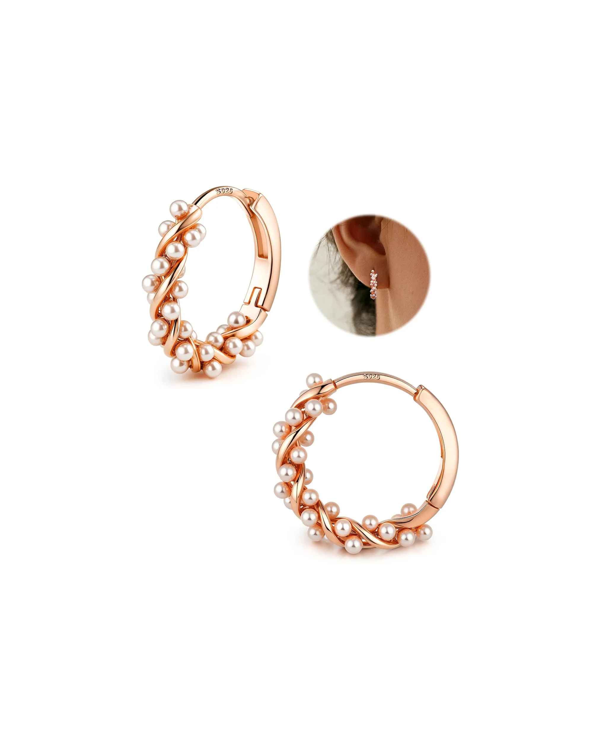 YADOCA Orecchini a Cerchio in Argento 925 con Perle, Oro Rosa - immagine 1