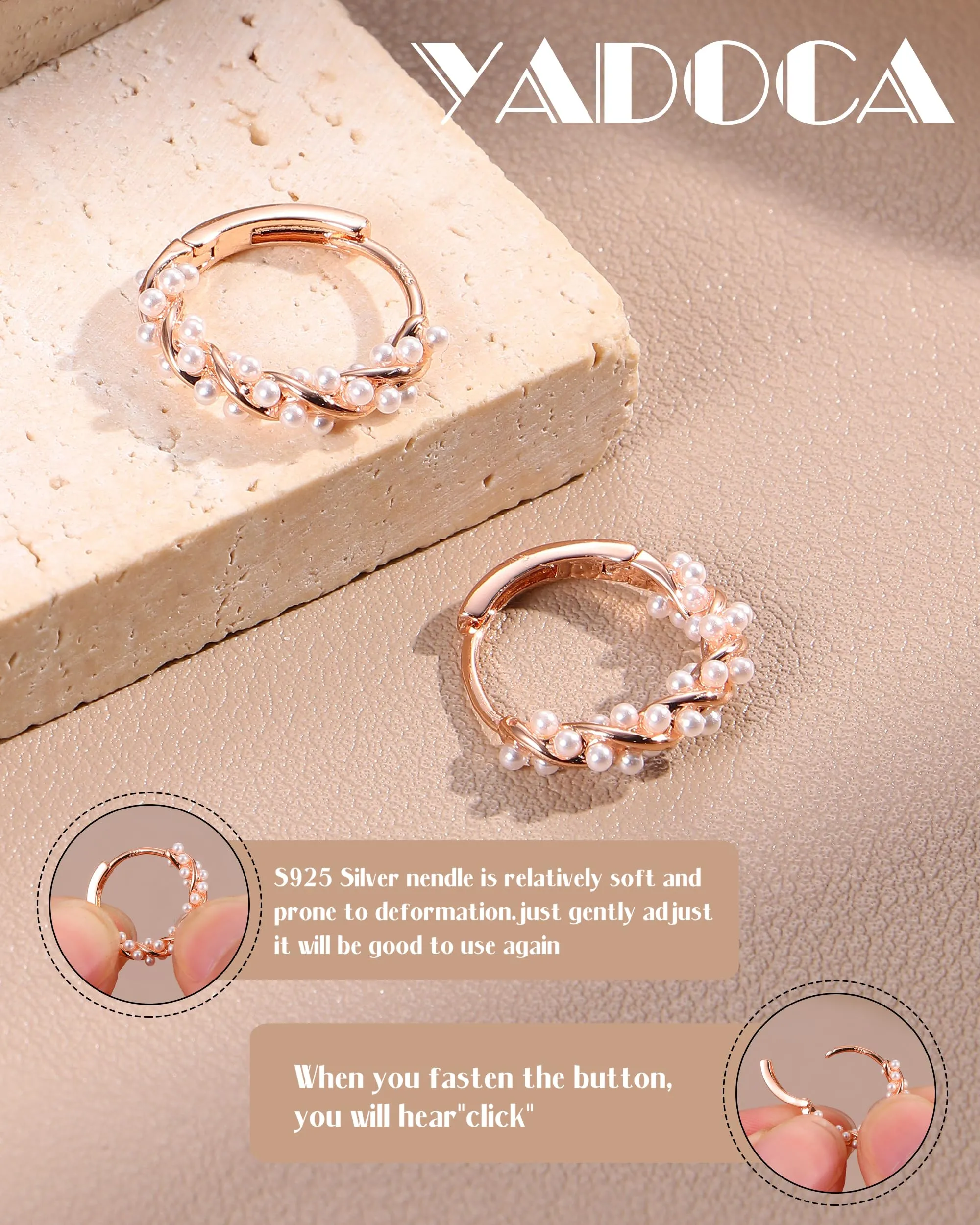 YADOCA Orecchini a Cerchio in Argento 925 con Perle, Oro Rosa - immagine 3