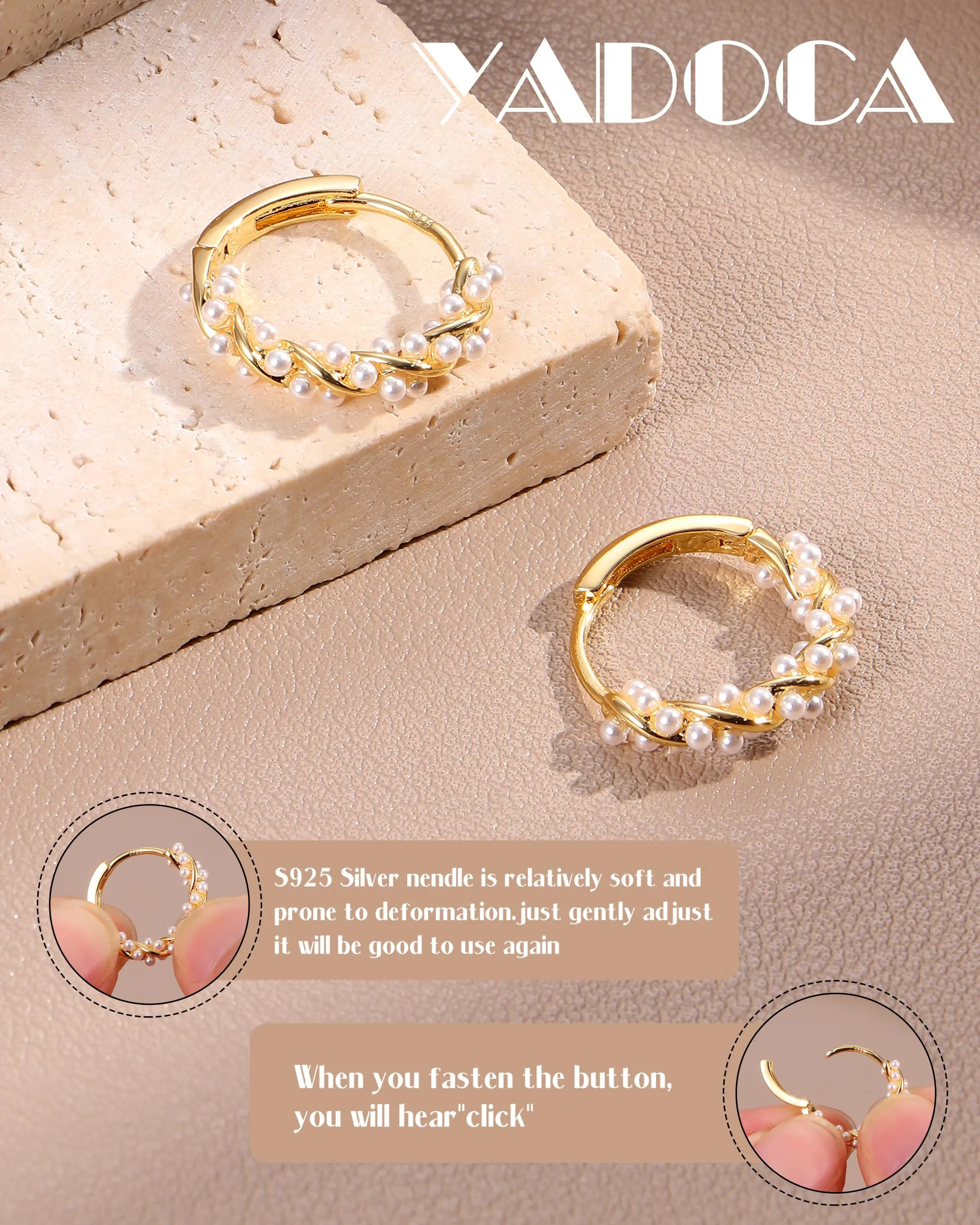 YADOCA Orecchini a Cerchio in Argento 925 con Perle, Oro - immagine 3