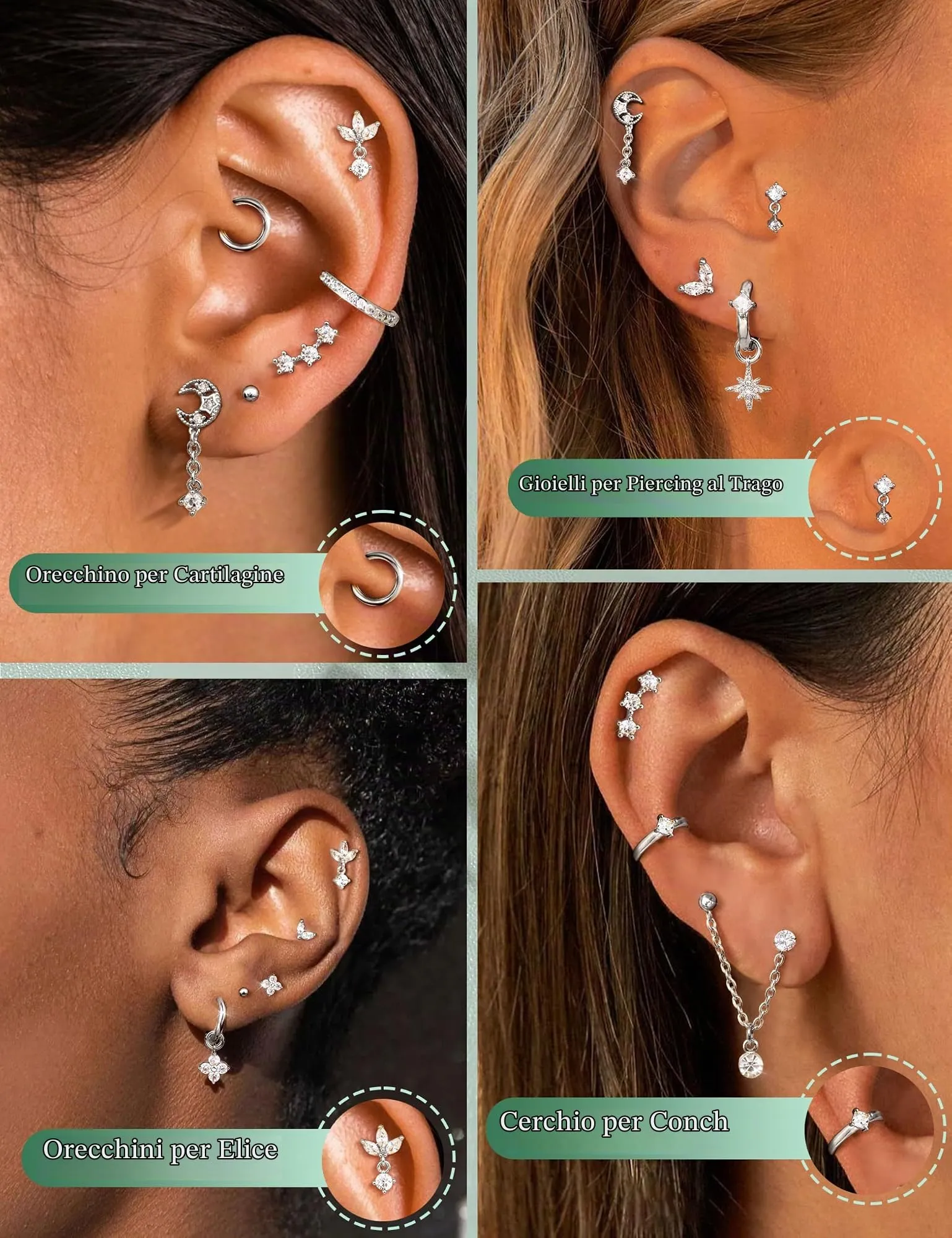 Milacolato Piercing Orecchio Acciaio Chirurgico Helix Set 16 Pezzi - immagine 2