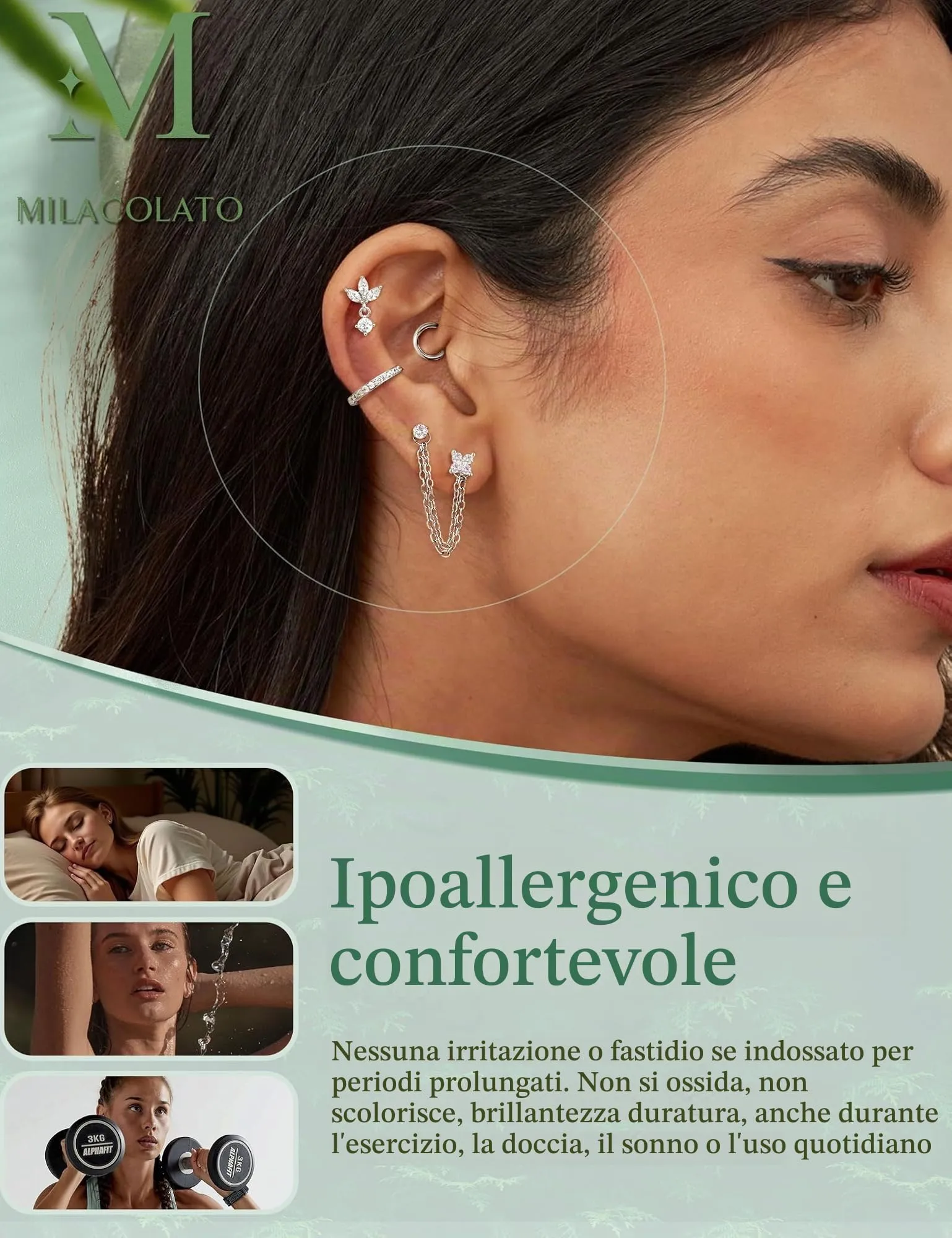 Milacolato Piercing Orecchio Acciaio Chirurgico Helix Set 16 Pezzi - immagine 4