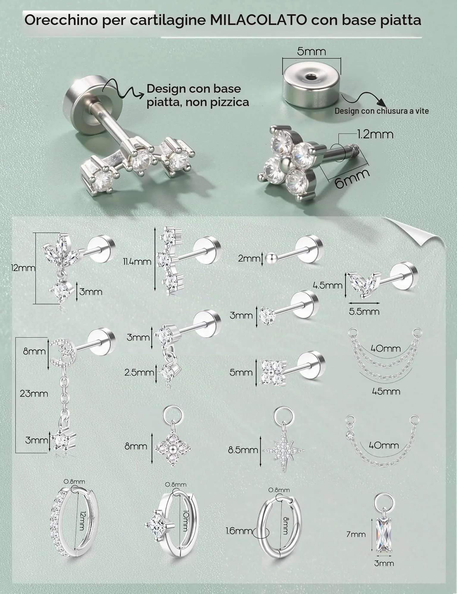 Milacolato Piercing Orecchio Acciaio Chirurgico Helix Set 16 Pezzi - immagine 6