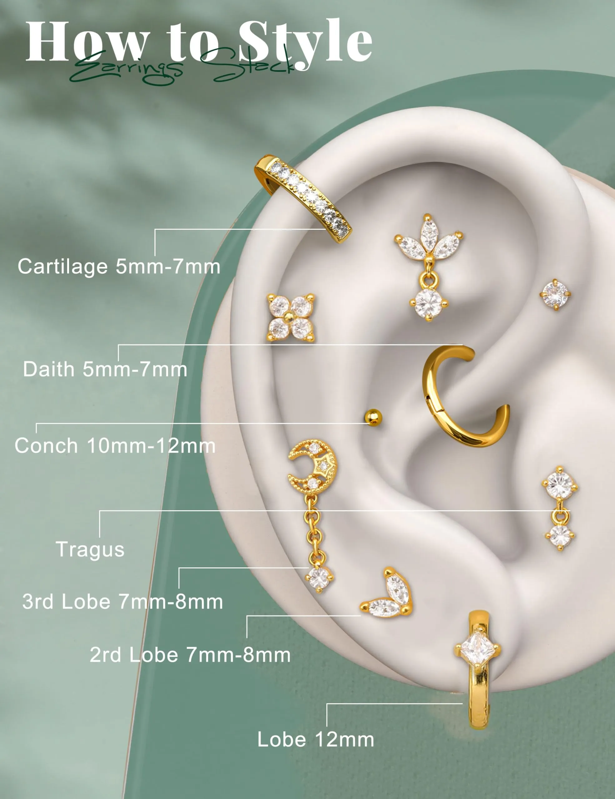 Milacolato Set Piercing Orecchio in Acciaio Chirurgico 316L, 16 Pezzi - immagine 5
