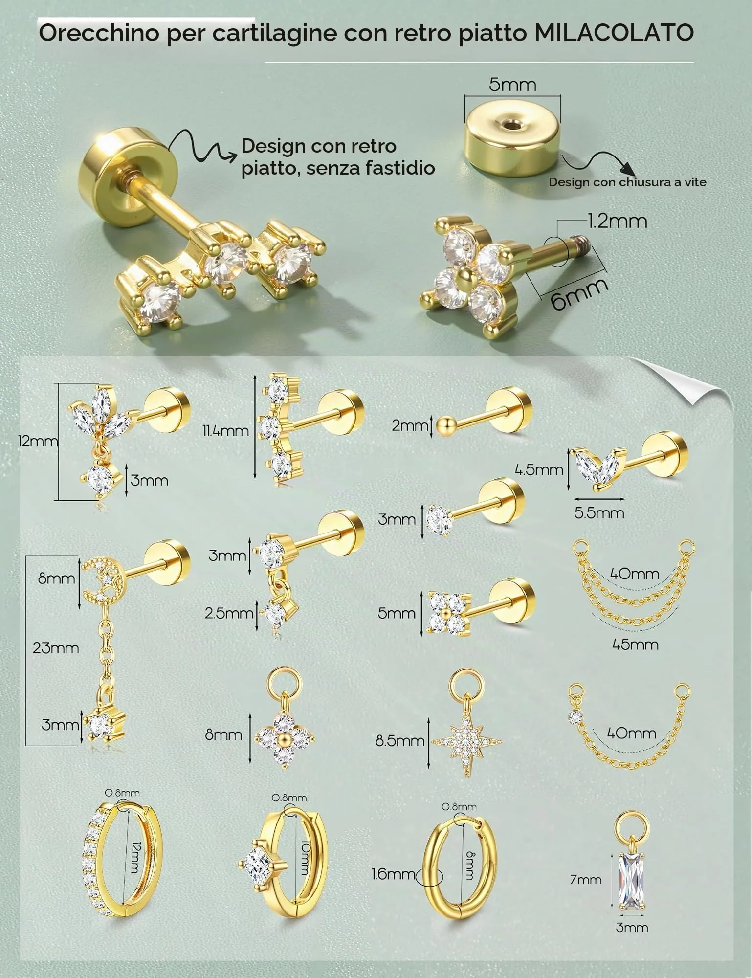 Milacolato Set Piercing Orecchio in Acciaio Chirurgico 316L, 16 Pezzi - immagine 6
