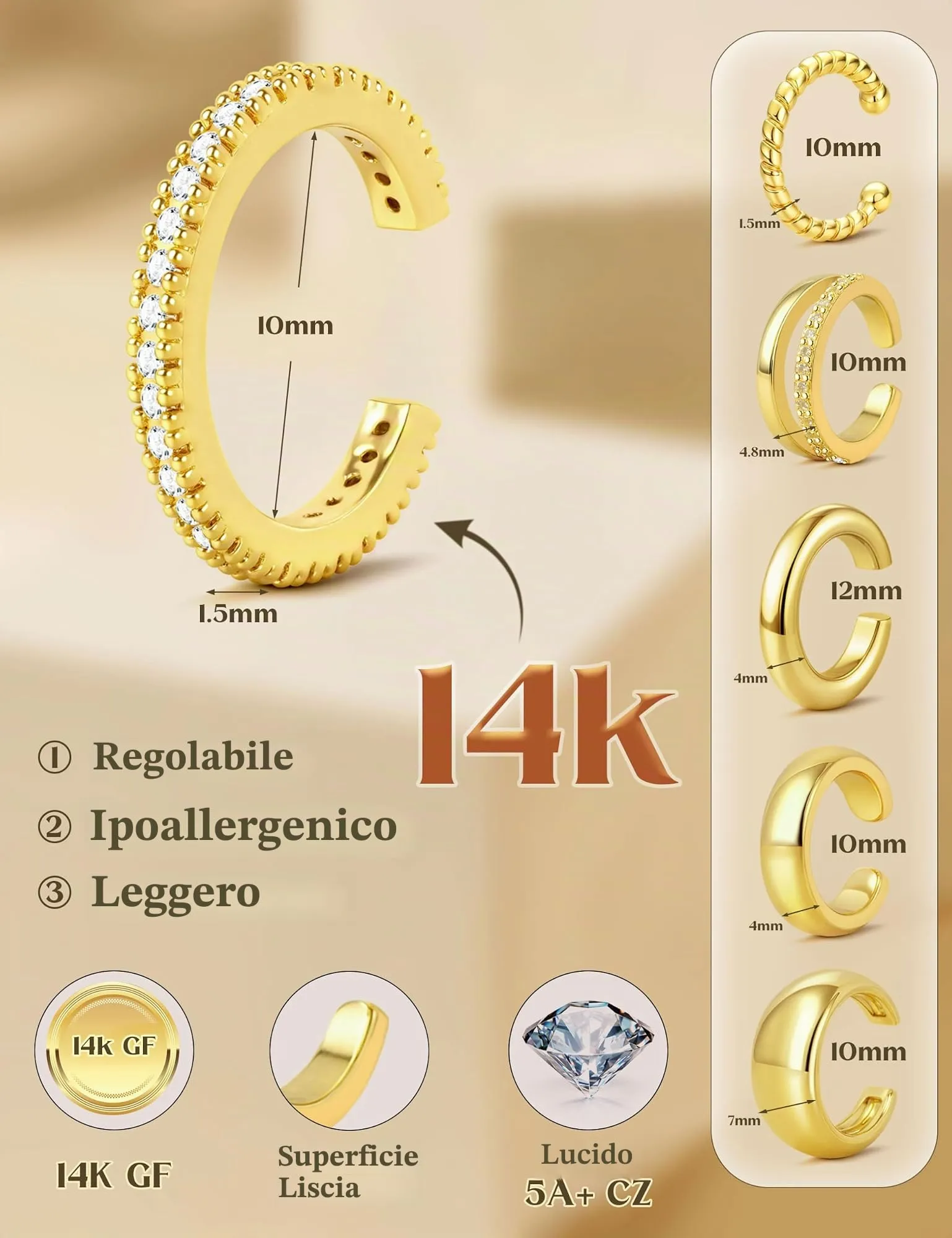 FANCH Ear Cuff Orecchini Senza Buco Donna, 6Pcs 14K Oro Placcato, Regolabili per Cartilagine Non Piercing - immagine 2