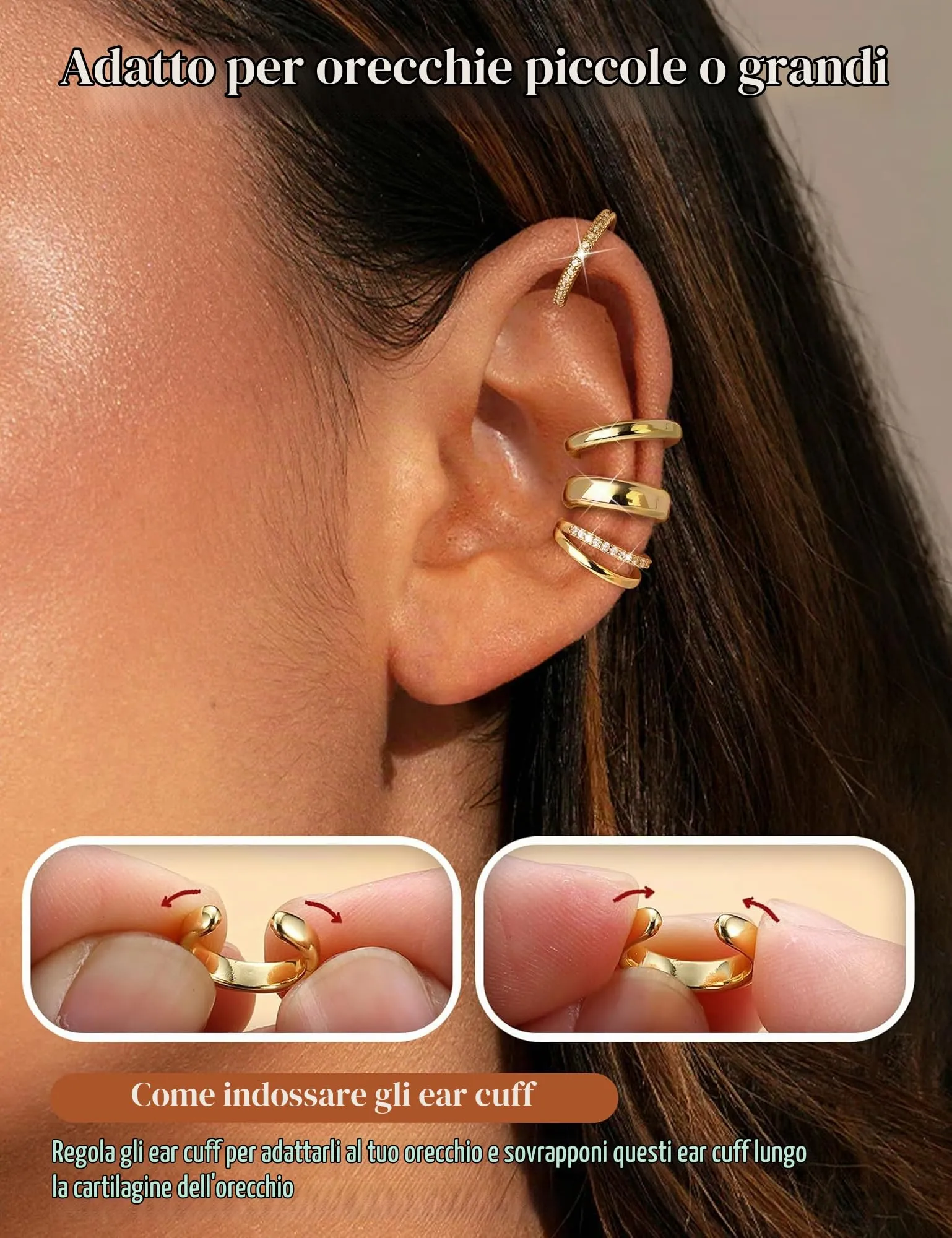 FANCH Ear Cuff Orecchini Senza Buco Donna, 6Pcs 14K Oro Placcato, Regolabili per Cartilagine Non Piercing - immagine 3
